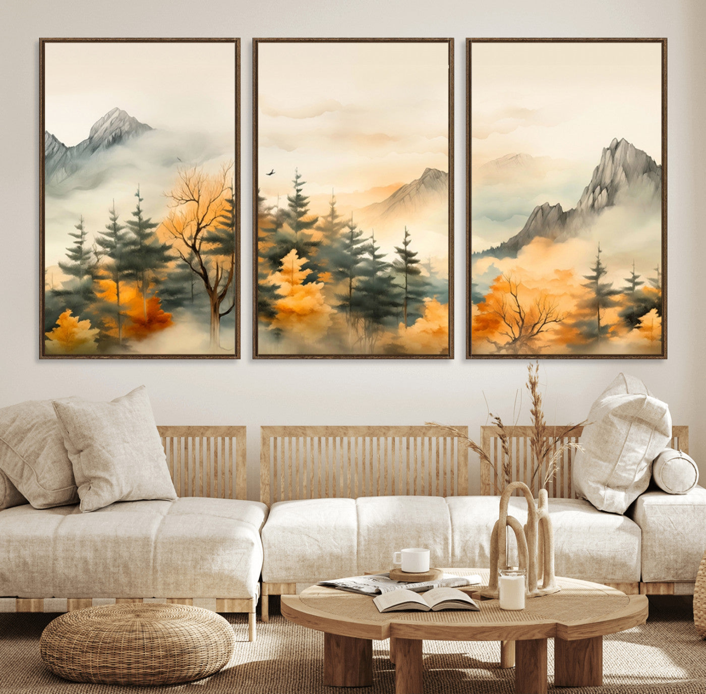 79192-MGV-FC-60X30-3P_Walnut-Abstract Watercolor Mountains and Trees Autumn Art, Watercolor Mountains and Trees Canvas Print