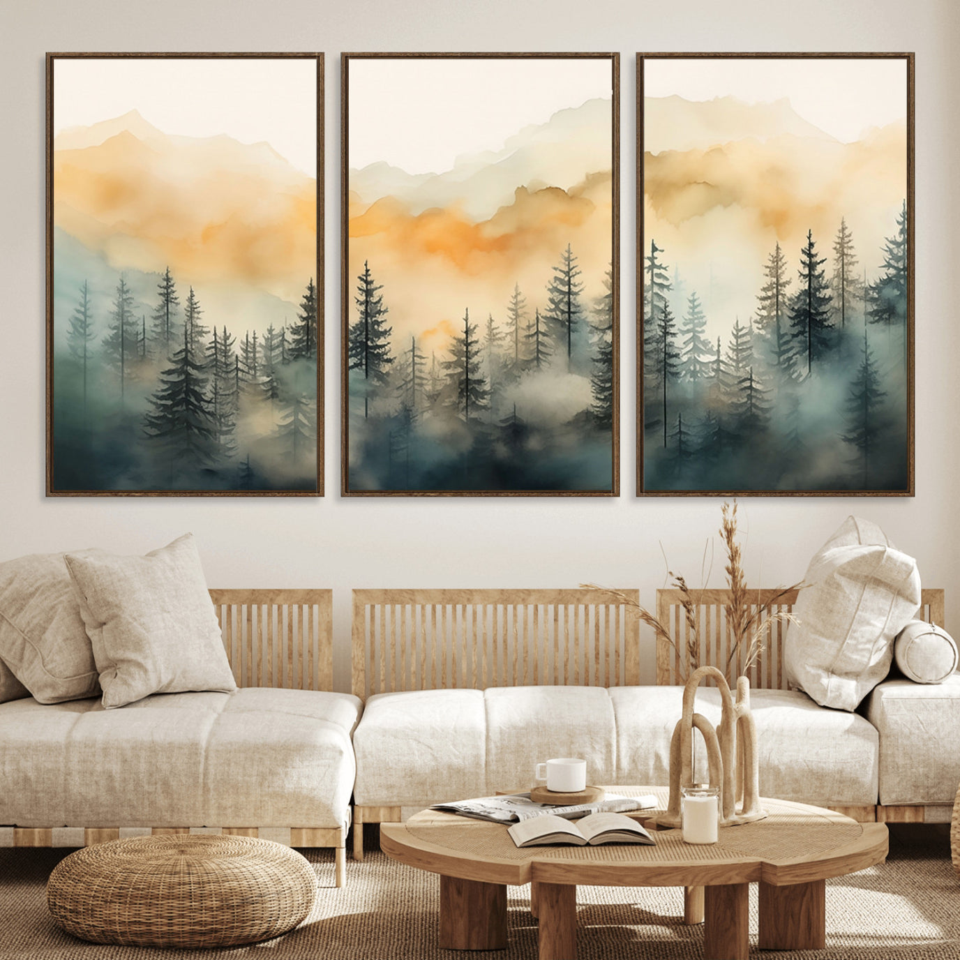 34155-MGV-FC-60X30-3P_Walnut-Abstract Forest Print - Mountain Wall Art | Autumn Landscape Canvas Print for Living Room, Bedroom,