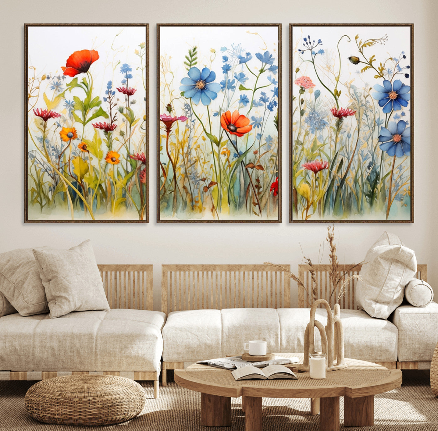 45019-MGV-FC-60X30-3P_Walnut-Colorful Wildflower Canvas Wall Art - Vibrant Floral Botanical Print, Bright Nature Decor for Living