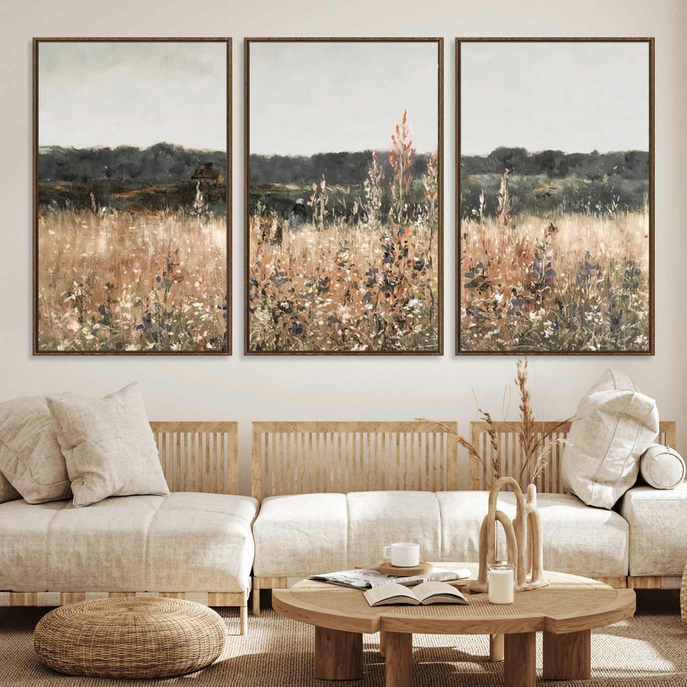 46308-MGV-FC-60X30-3P_Walnut-Abstract Wildflower Art Field Landscape Oil Painting Print, Country Field Wall Art - Framed Ready to