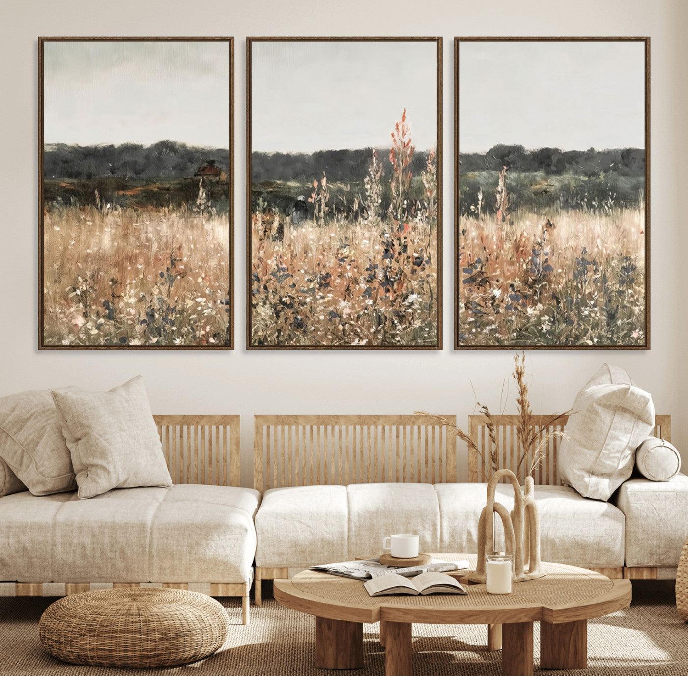 46308-MGV-FC-60X30-3P_Walnut-Abstract Wildflower Art Field Landscape Oil Painting Print, Country Field Wall Art - Framed Ready to