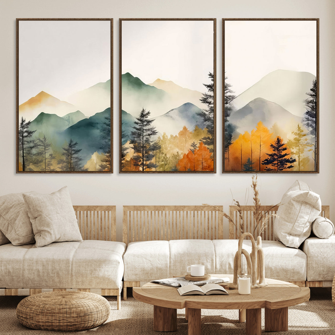 25689-MGV-FC-60X30-3P_Walnut-Abstract Watercolor Mountains and Trees Autumn Wall Art, Mountains and Trees Autumn Wall Art Canvas
