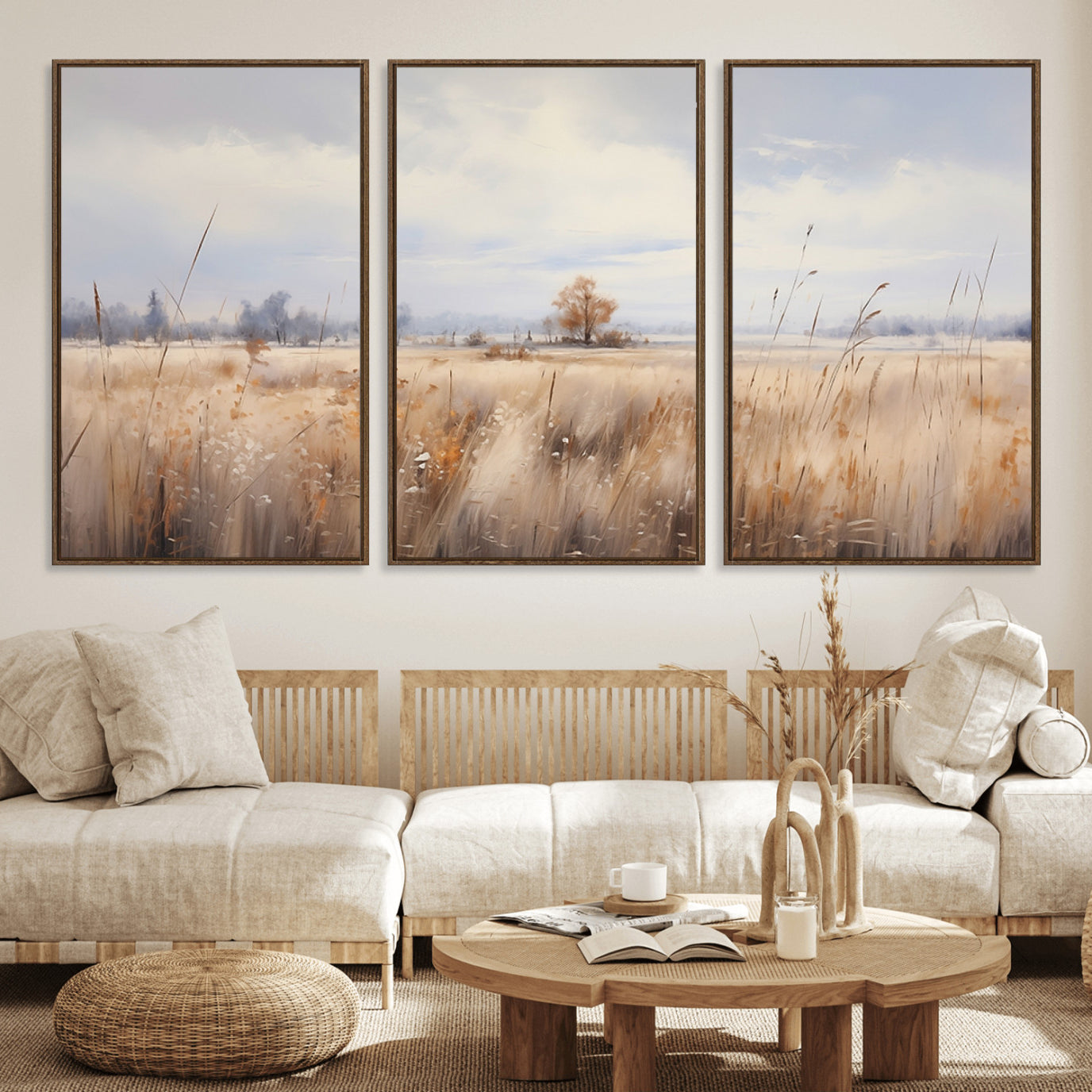 58162-MGV-FC-60X30-3P_Walnut-Golden Fields Wall Art Print Canvas – Serene Landscape of Nature’s Tranquility in Minimalist for