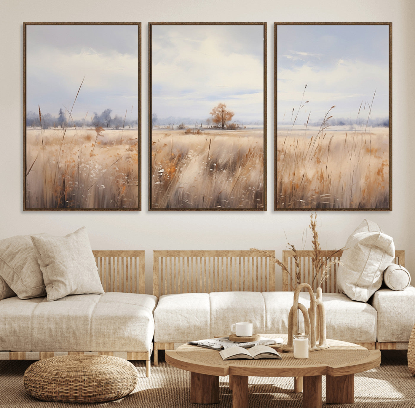 58162-MGV-FC-60X30-3P_Walnut-Golden Fields Wall Art Print Canvas – Serene Landscape of Nature’s Tranquility in Minimalist for