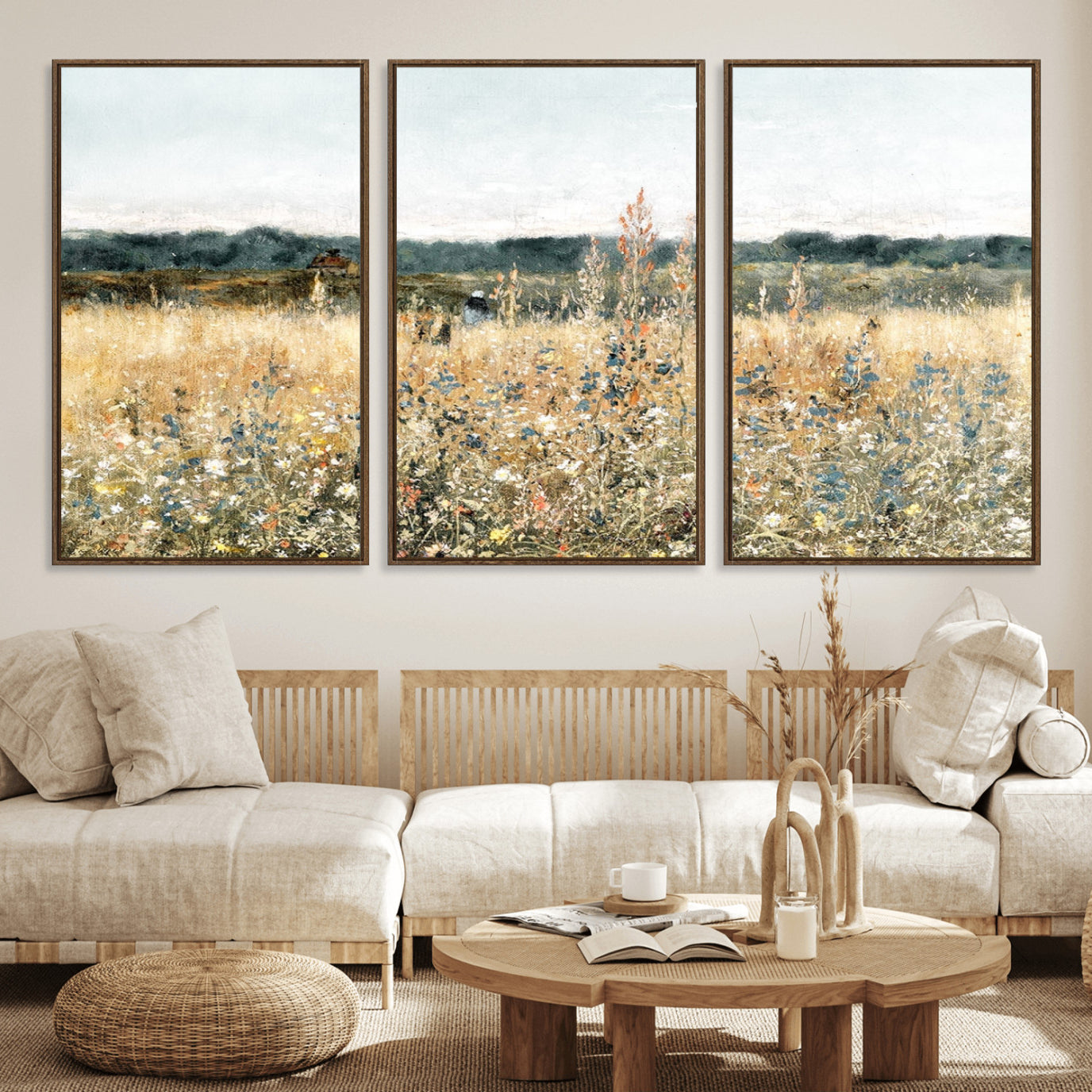 98941-MGV-FC-60X30-3P_Walnut-Wildflower Field Wall Art Canvas | Nature-Inspired Landscape Canvas Print for Living Room or Office