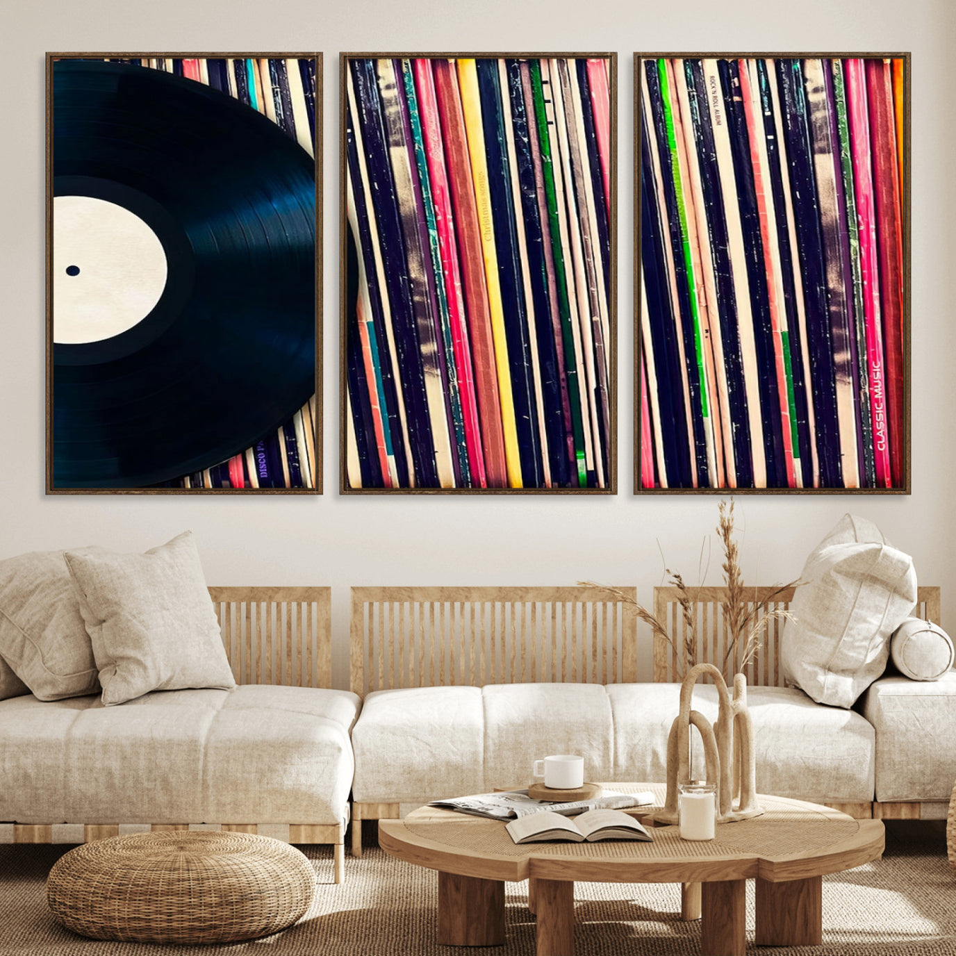 45029-MGV-FC-60X30-3P_Walnut-Vinyl Record and Album Collection Canvas Wall Art - Retro Music Decor, Vintage Vinyl, Vinyl Record