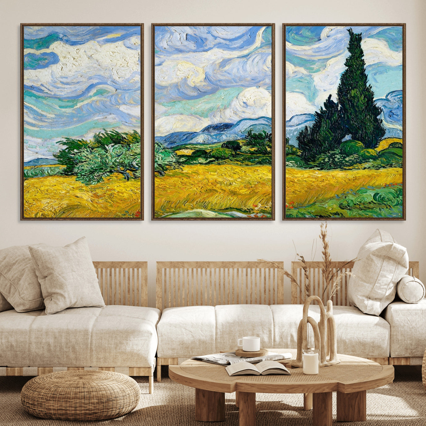 97252-MGV-FC-60X30-3P_Walnut-Wheatfield With Cypresses By Van Gogh Painting Wall Art Canvas, Wheatfield With Cypresses Canvas