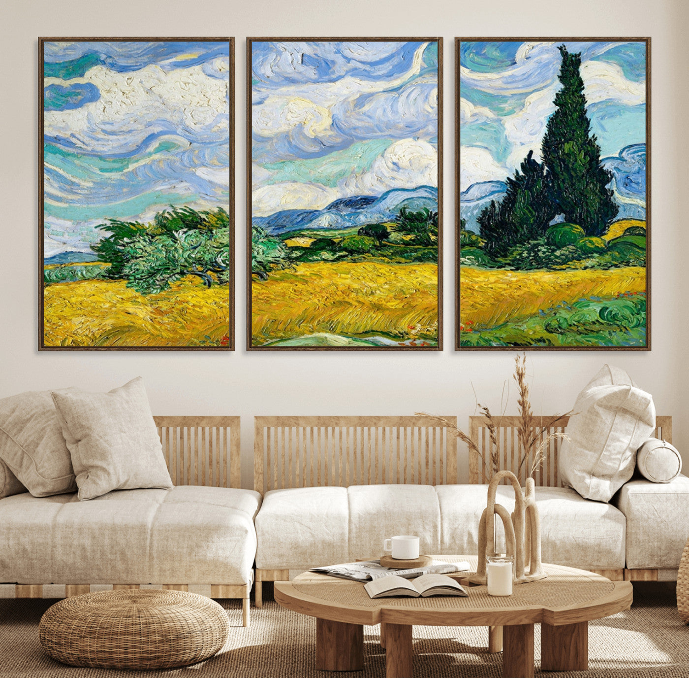 97252-MGV-FC-60X30-3P_Walnut-Wheatfield With Cypresses By Van Gogh Painting Wall Art Canvas, Wheatfield With Cypresses Canvas