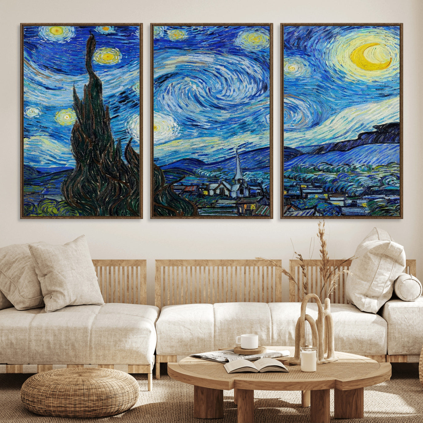 39177-MGV-FC-60X30-3P_Walnut-Vincent Van Gogh The Starry Night Abstract Wall Art Canvas Print