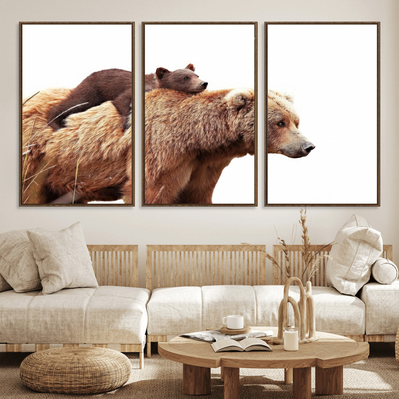 76943-MGV-FC-60X30-3P_Walnut-Mother and Baby Bear Canvas Wall Art - Adorable Wildlife Animal Print, Cozy Rustic Decor for Living