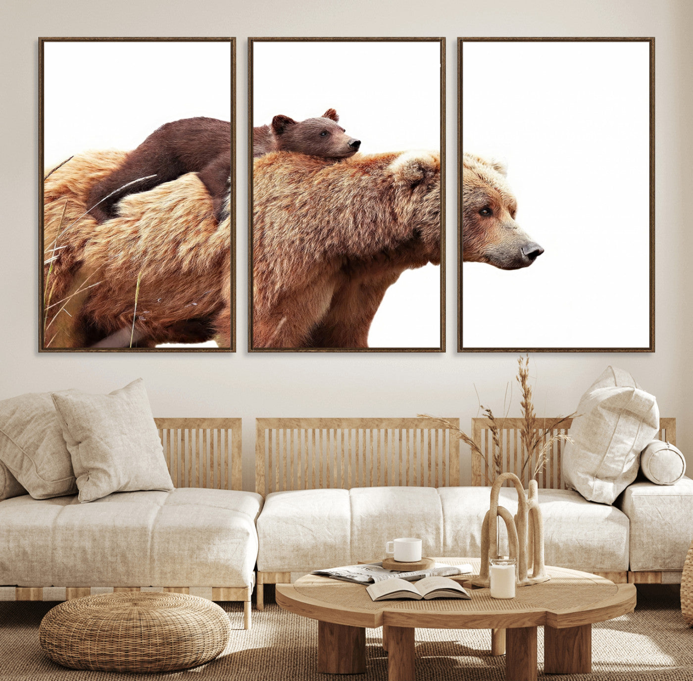 76943-MGV-FC-60X30-3P_Walnut-Mother and Baby Bear Canvas Wall Art - Adorable Wildlife Animal Print, Cozy Rustic Decor for Living