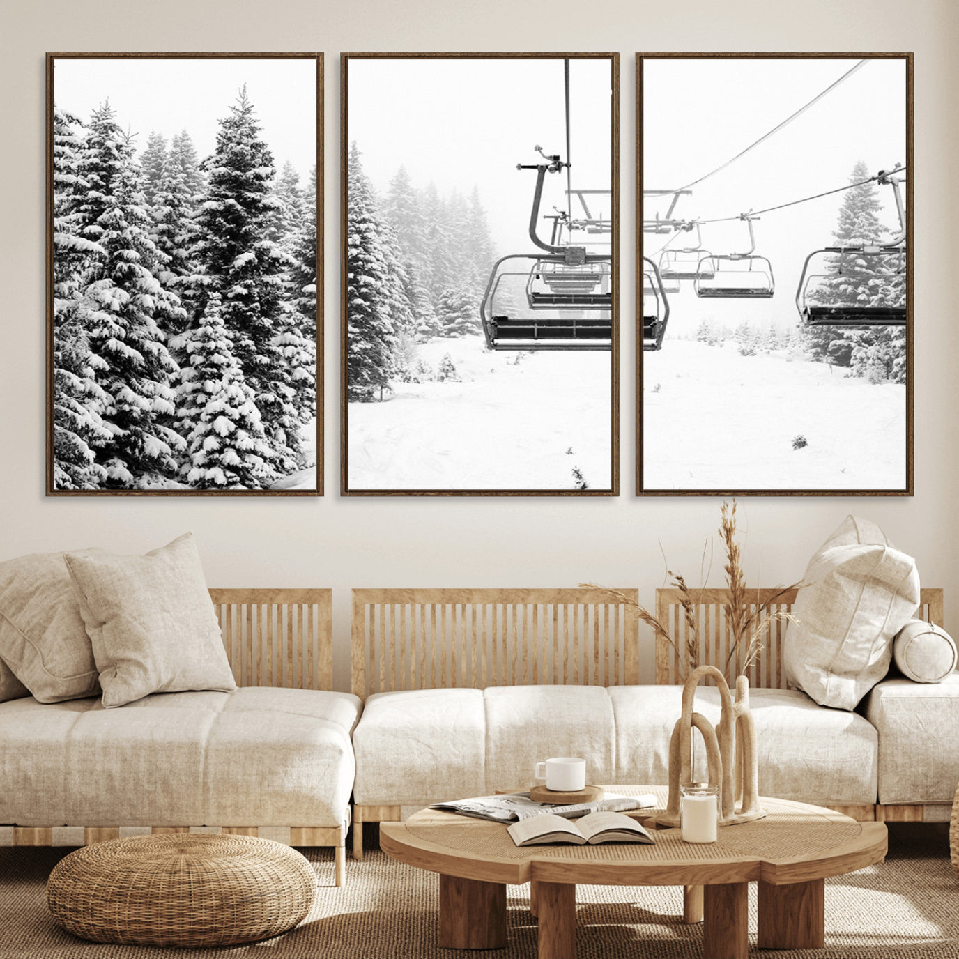 70609-MGV-FC-60X30-3P_Walnut-Ski Wall Art - Ski Lift Wall Art Canvas Print Snow Covered Spruce Trees Winter Wall Art Ski Skier