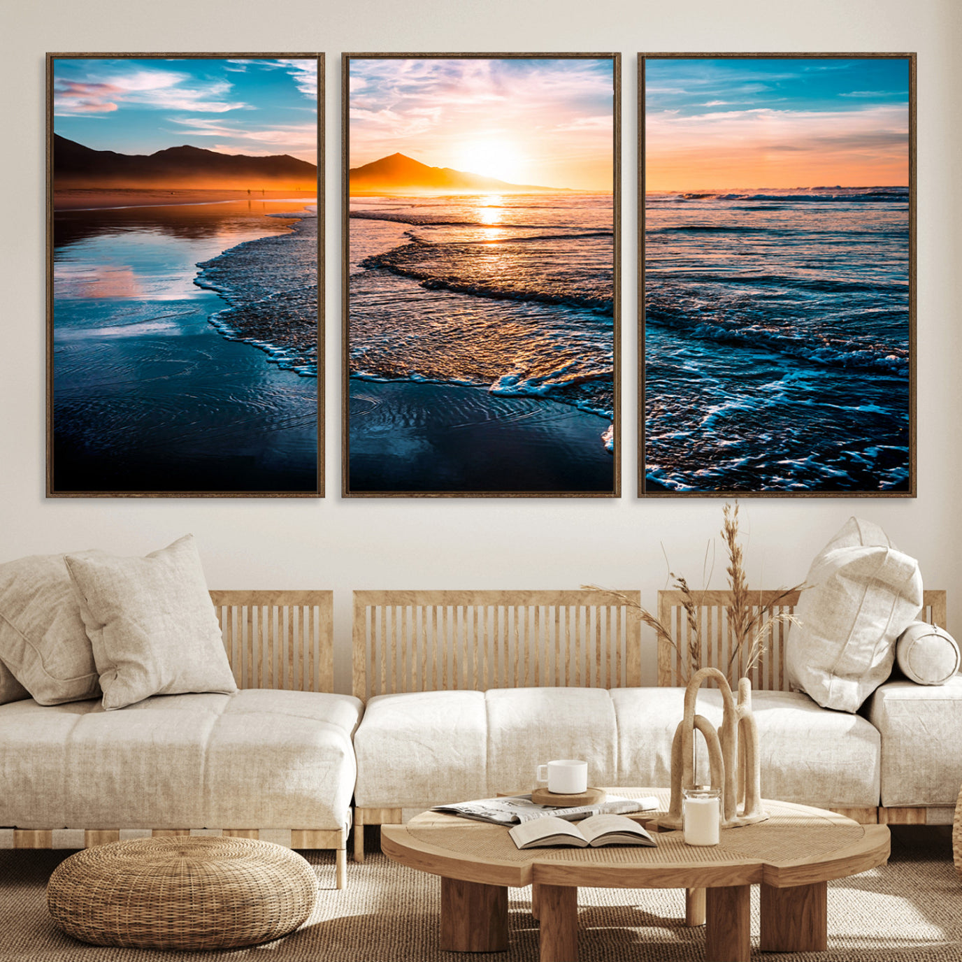 26494-MGV-FC-60X30-3P_Walnut-Sunset Beach Ocean Canvas Wall Art – Tranquil Ocean Reflections at Dusk – Ready to Hang