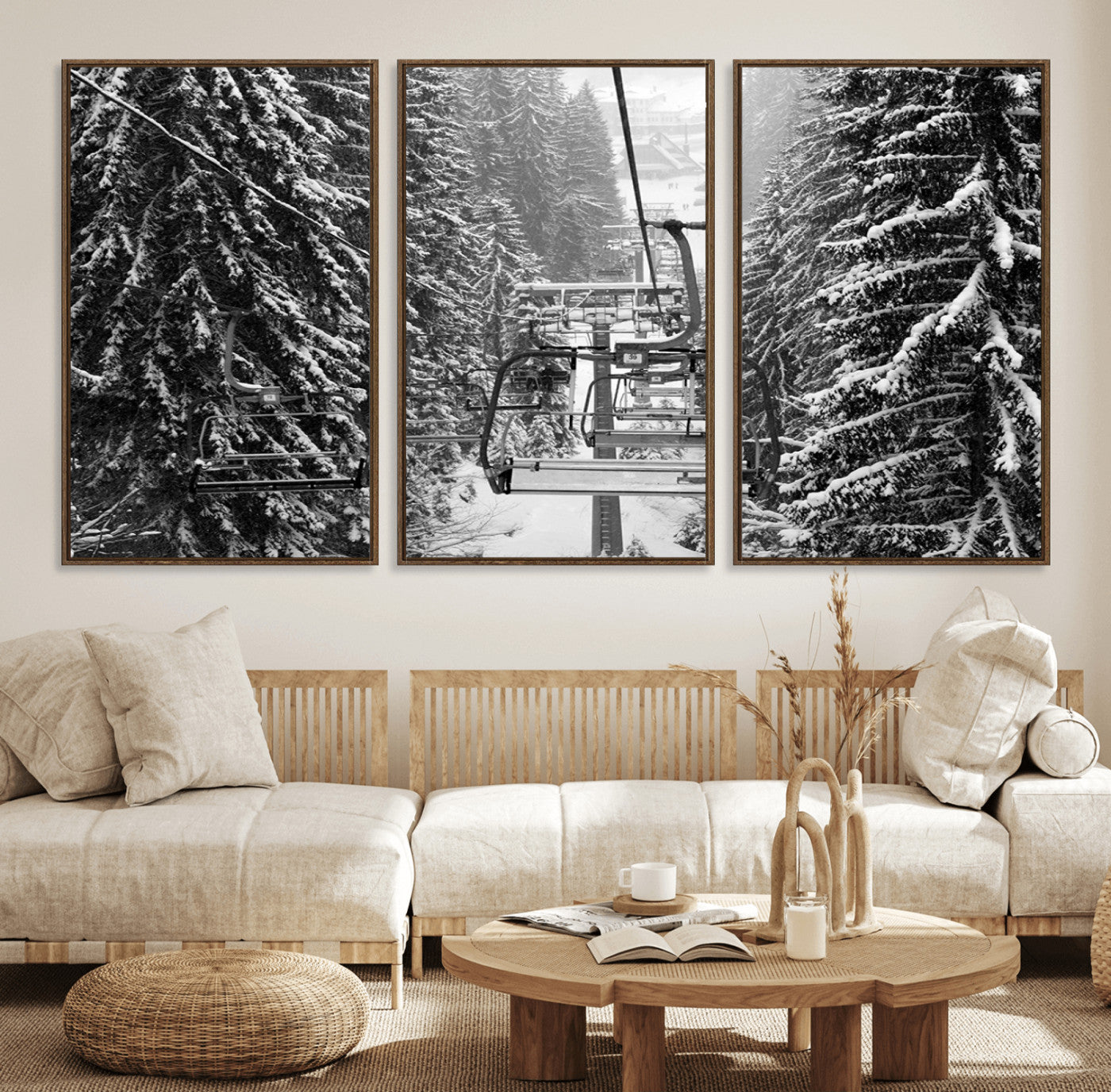 19240-MGV-FC-60X30-3P_Walnut-Winter Ski Lift Black and White Canvas Wall Art – Alpine Escape in Minimalist Style – Winter Ski
