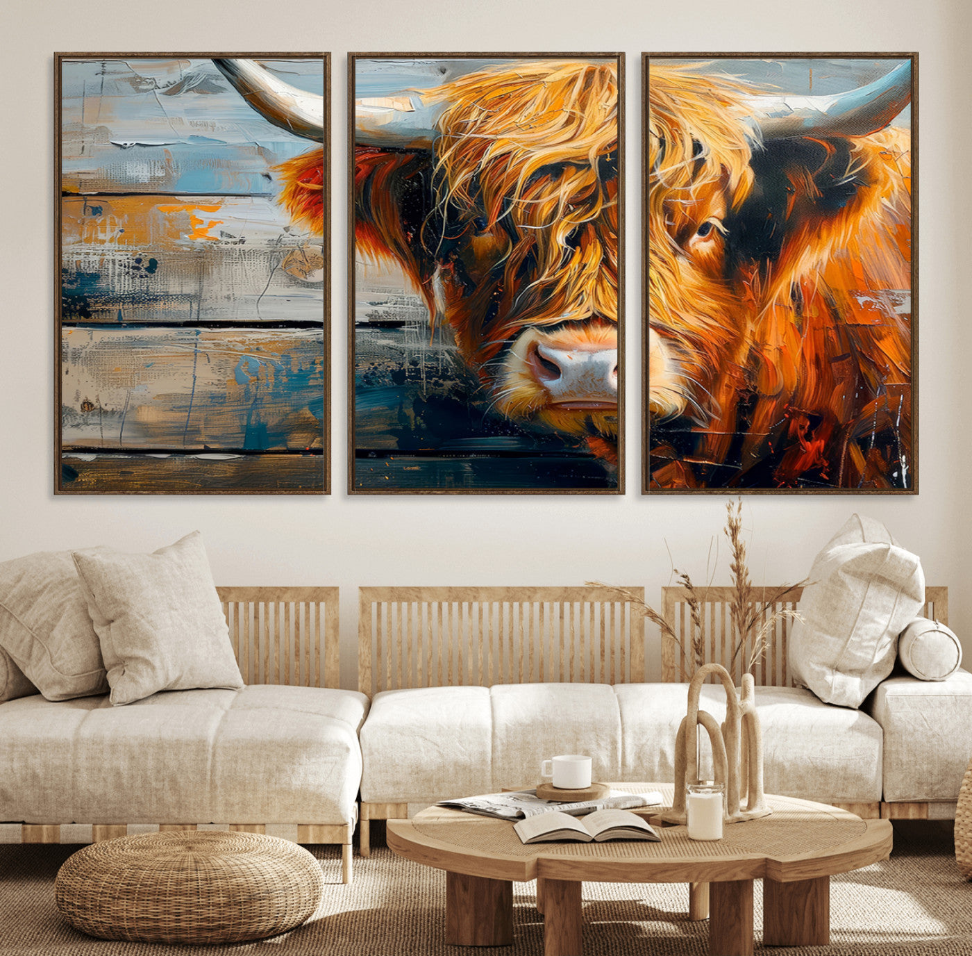 92312-MGV-FC-60X30-3P_Walnut-Highland Cow Abstract Canvas Wall Art – Bold Farmhouse Rustic Decor – Ready to Hang