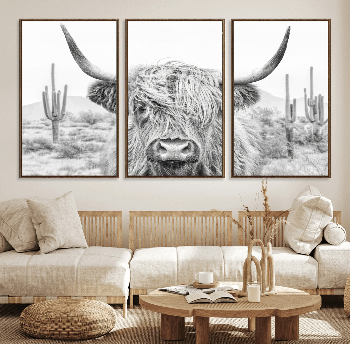 94579-MGV-FC-60X30-3P_Walnut-Rustic Charm | Cow Longhorn Black White Bighorn Wall Art Canvas Print | Farmhouse Wall Art