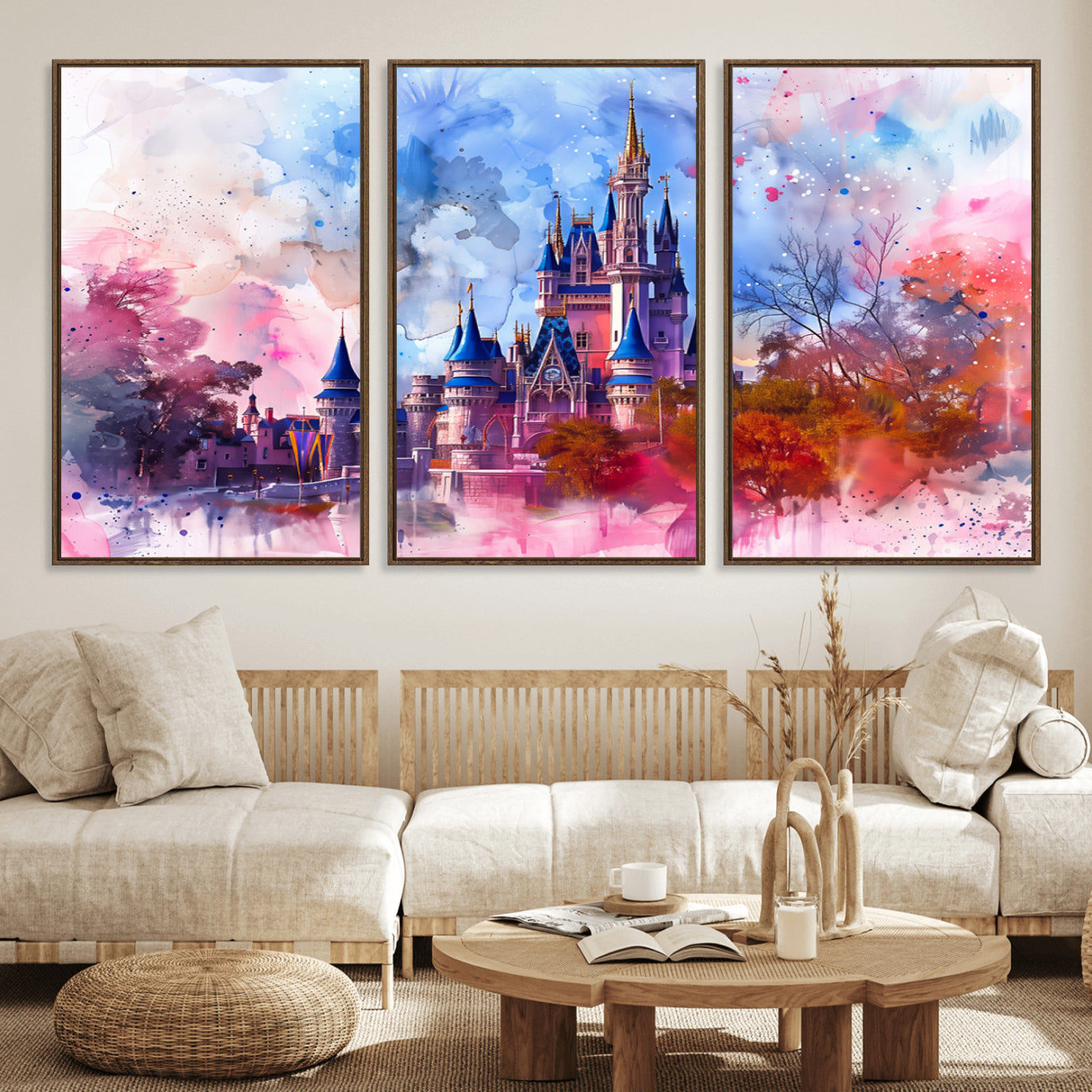 58662-MGV-FC-60X30-3P_Walnut-Disney Wall Art: Dreamy Watercolor Cinderella Castle Canvas Print