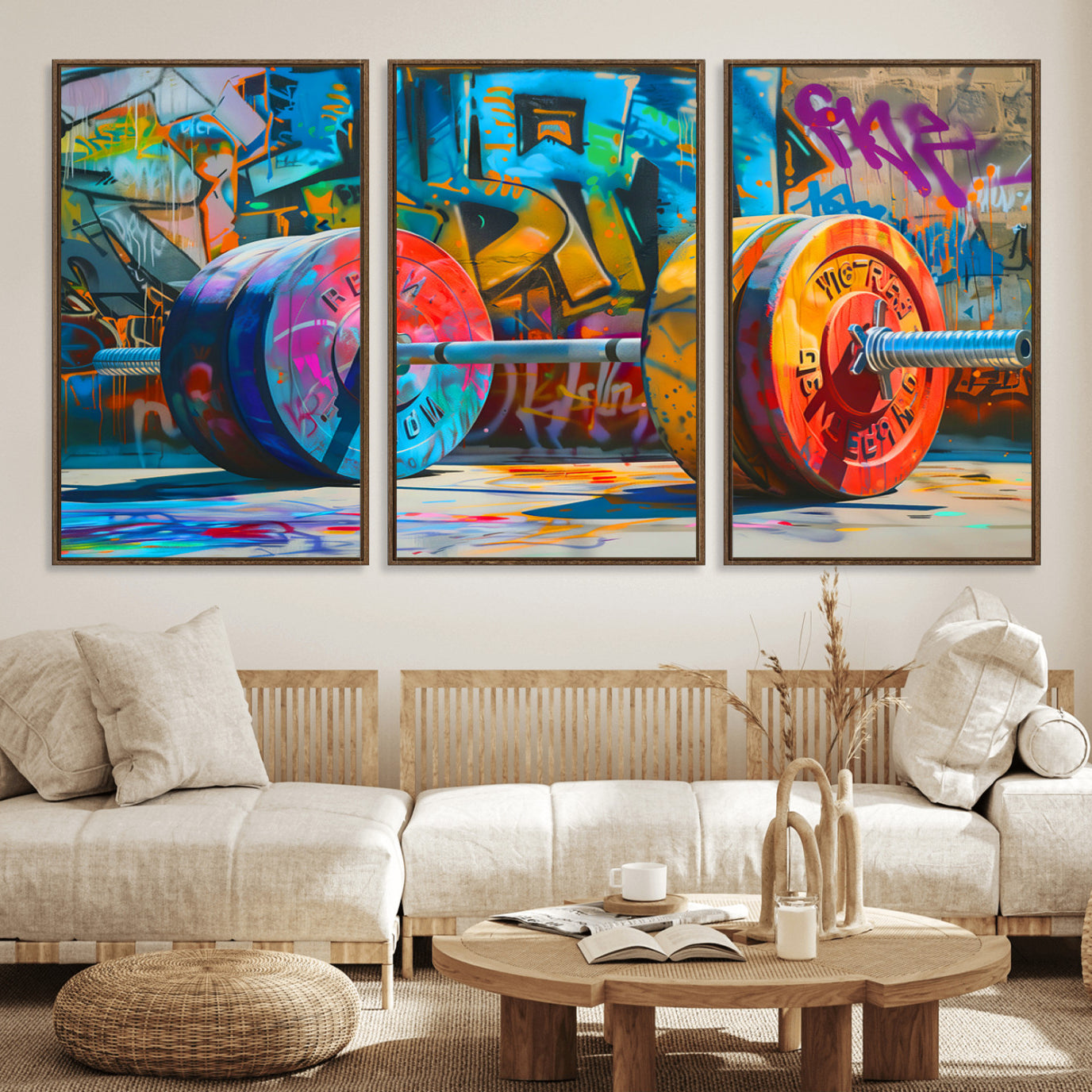 70871-MGV-FC-60X30-3P_Walnut-Fitness Gym Barbell Graffiti Wall Art Canvas Print