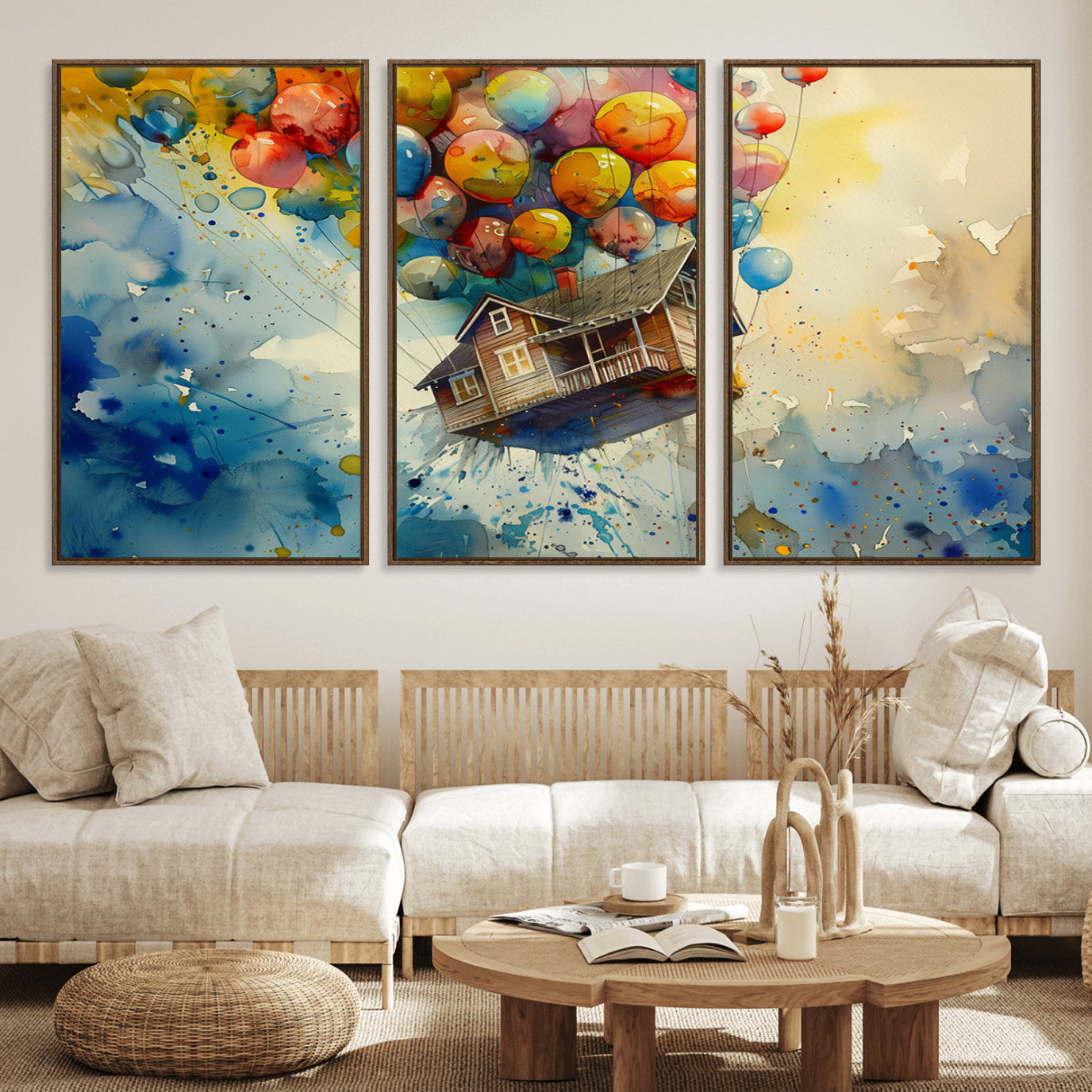 77149-MGV-FC-60X30-3P_Walnut-UP-Inspired Floating House with Balloons Canvas Art – Colorful 3-Panel Wall Decor for Living Room,
