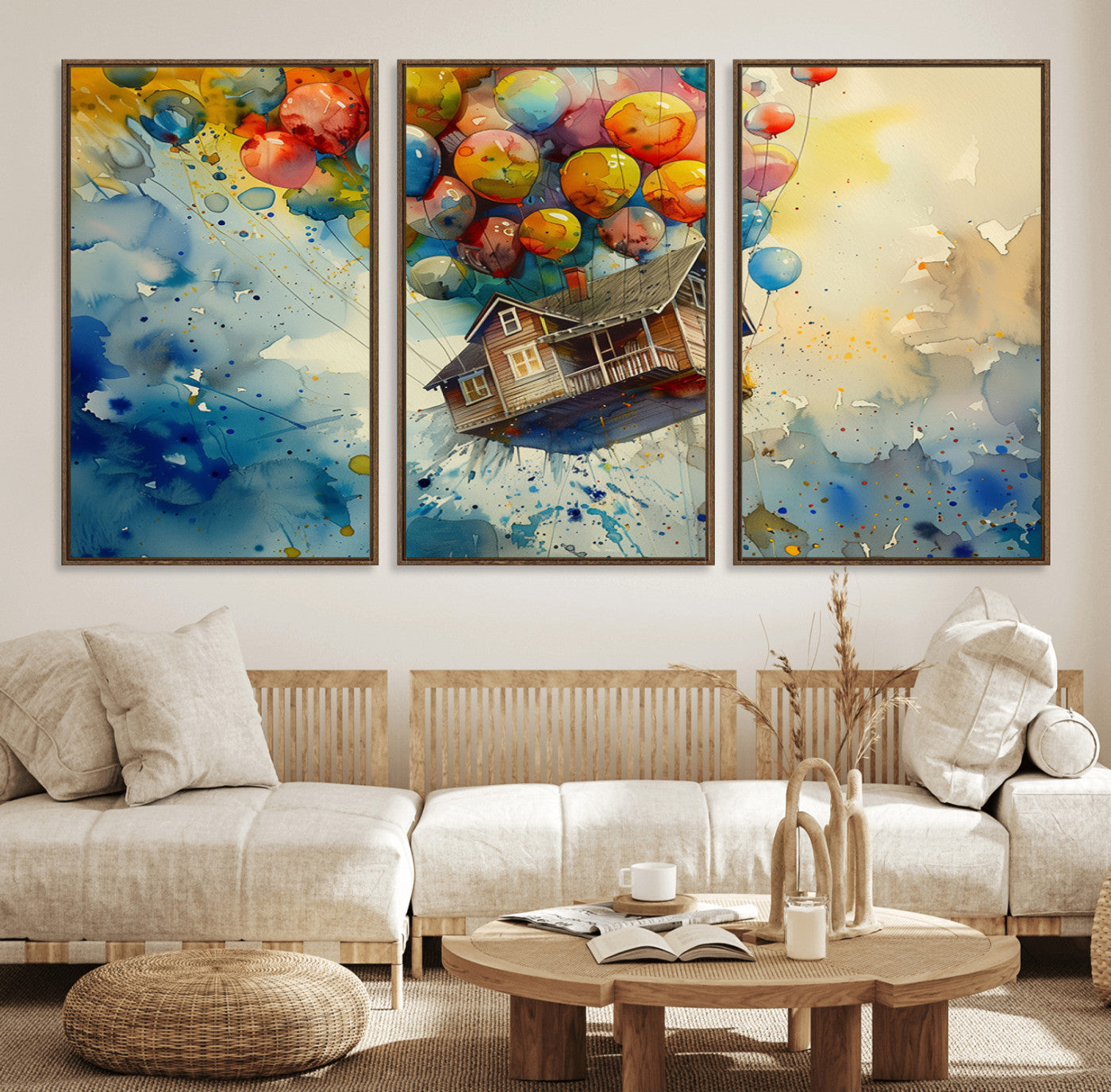 77149-MGV-FC-60X30-3P_Walnut-UP-Inspired Floating House with Balloons Canvas Art – Colorful 3-Panel Wall Decor for Living Room,