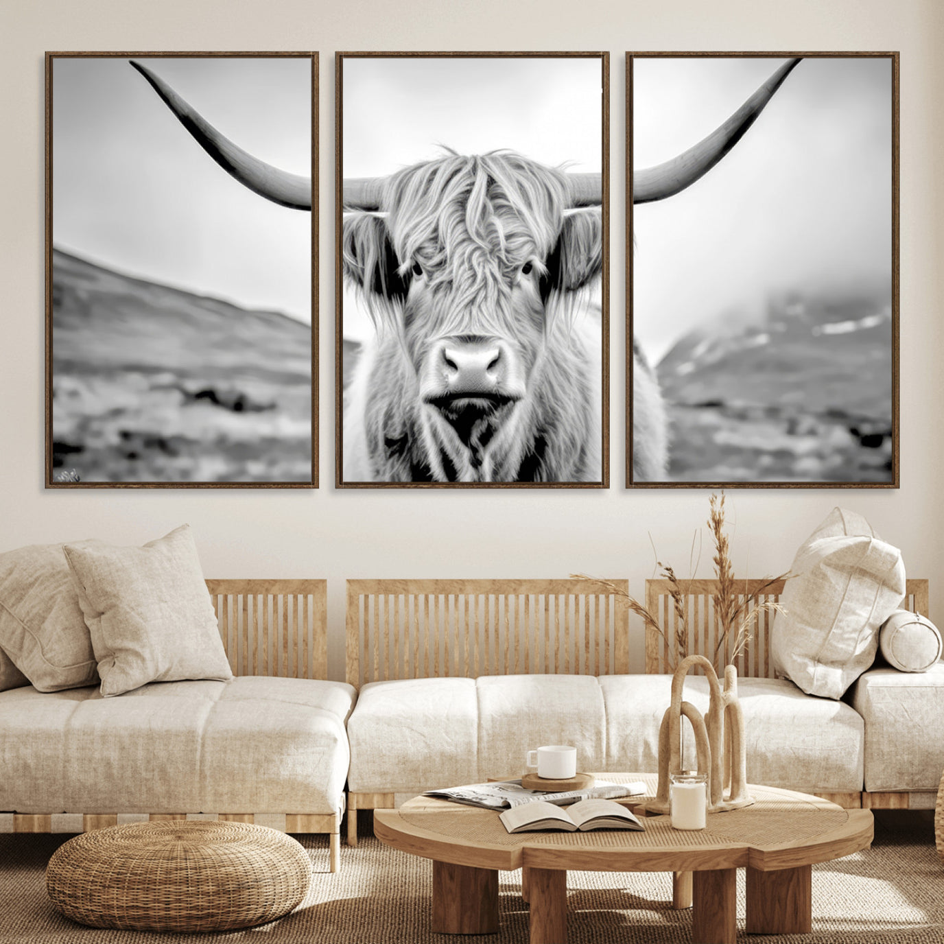 80564-MGV-FC-60X30-3P_Walnut-Scottish Cow Wall Art Canvas Print