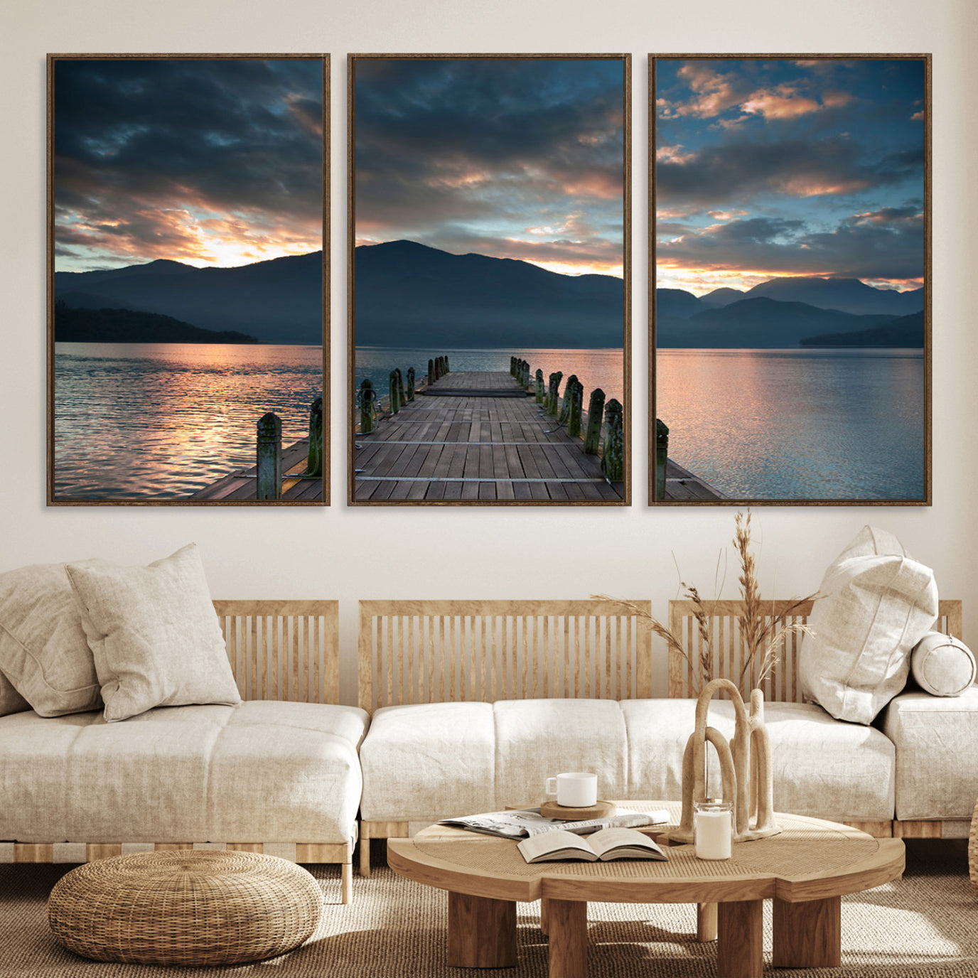 20442-MGV-FC-60X30-3P_Walnut-Mountain Lake Wood Pier Canvas Wall Art Nature Lake Print