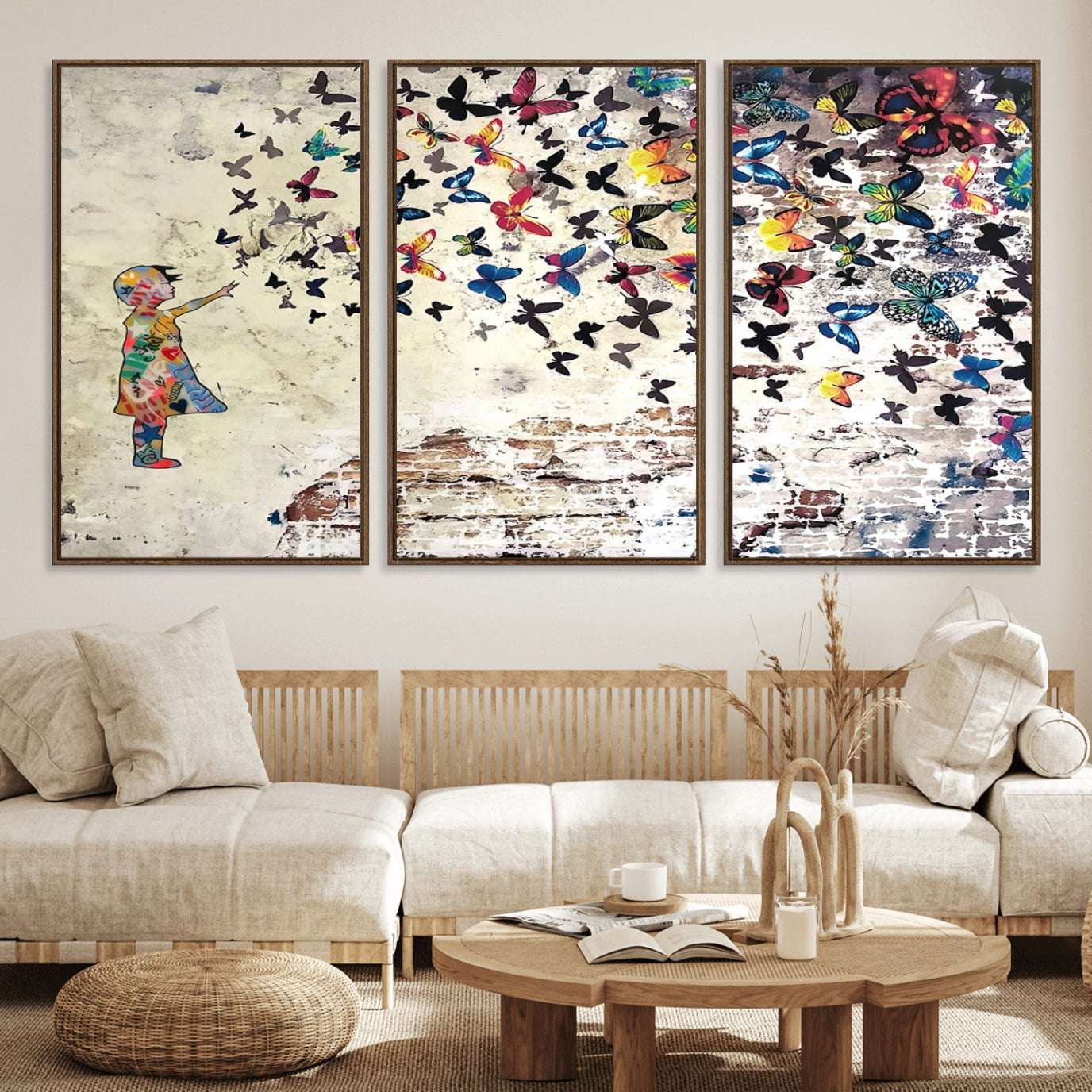 65208-MGV-FC-60X30-3P_Walnut-Banksy Wall Art - Banksy Girl Butterfly Graffiti Wall Art Canvas Print - Butterfly Girl and Freedom
