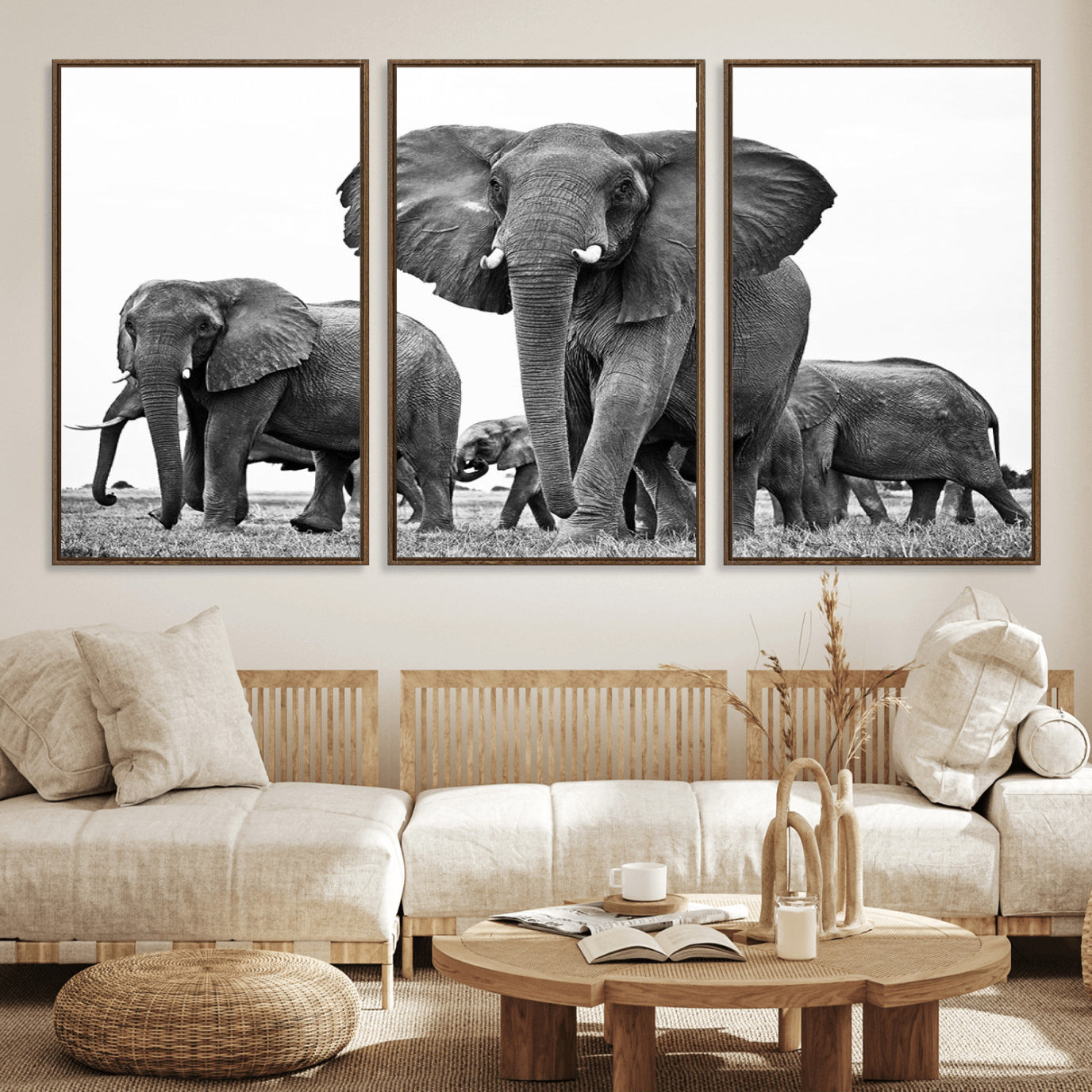 91685-MGV-FC-60X30-3P_Walnut-Black White Elephant Family Wall Art Canvas Print