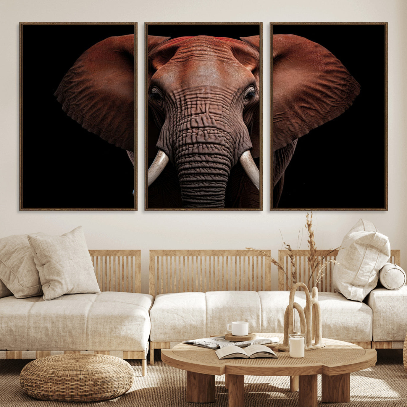 21941-MGV-FC-60X30-3P_Walnut-Wild Elephant Wall Art Canvas Print, Africa Savannah Wild Animal Wall Decor Print