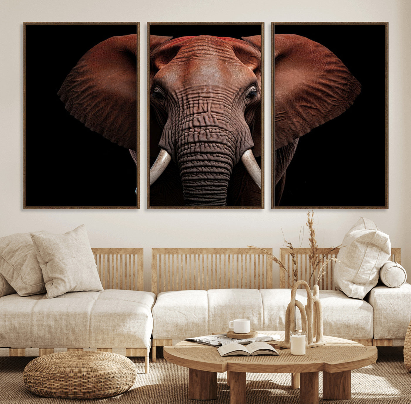 21941-MGV-FC-60X30-3P_Walnut-Wild Elephant Wall Art Canvas Print, Africa Savannah Wild Animal Wall Decor Print