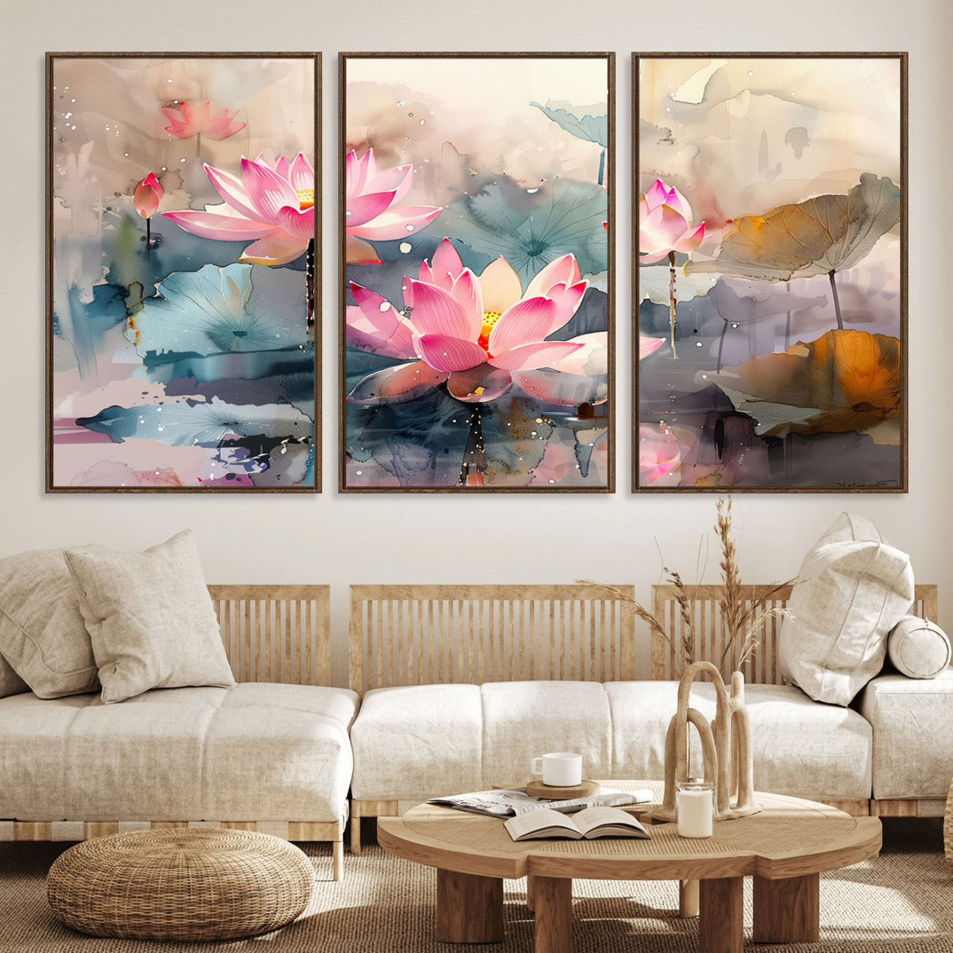 27936-MGV-FC-60X30-3P_Walnut-Lotus Flower Wall Art | 3-Panel Giclee Canvas Print of Pink Lotus Blossoms for Living Room, Bedroom,