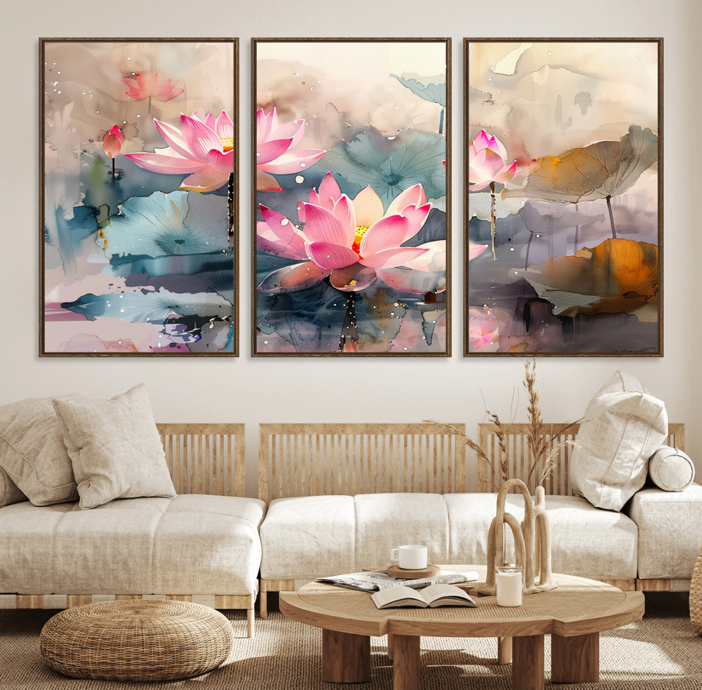 27936-MGV-FC-60X30-3P_Walnut-Lotus Flower Wall Art | 3-Panel Giclee Canvas Print of Pink Lotus Blossoms for Living Room, Bedroom,