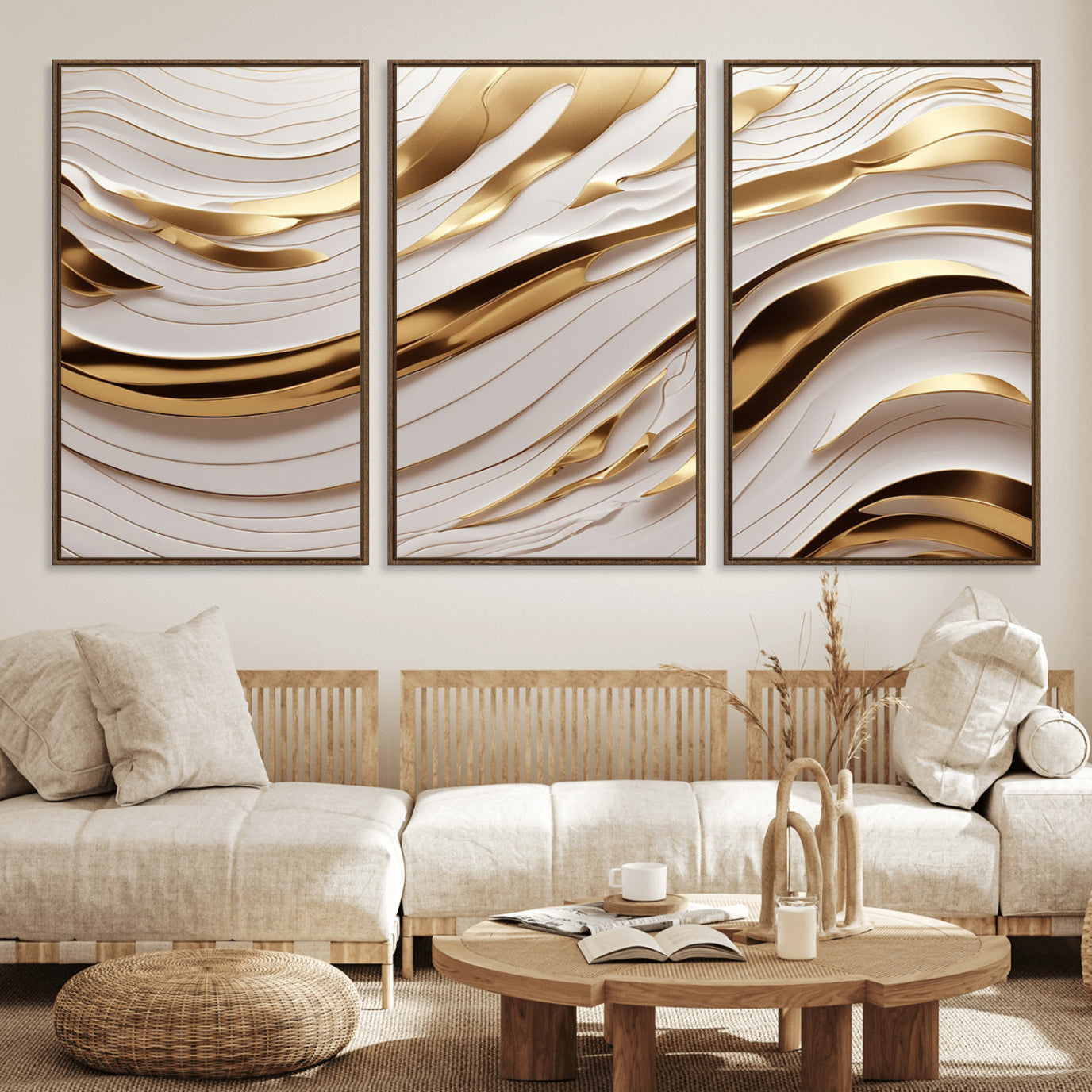 81197-MGV-FC-60X30-3P_Walnut-Gold and White Abstract Wave Canvas – Elegant Flowing Design with Luxurious Golden Accents –
