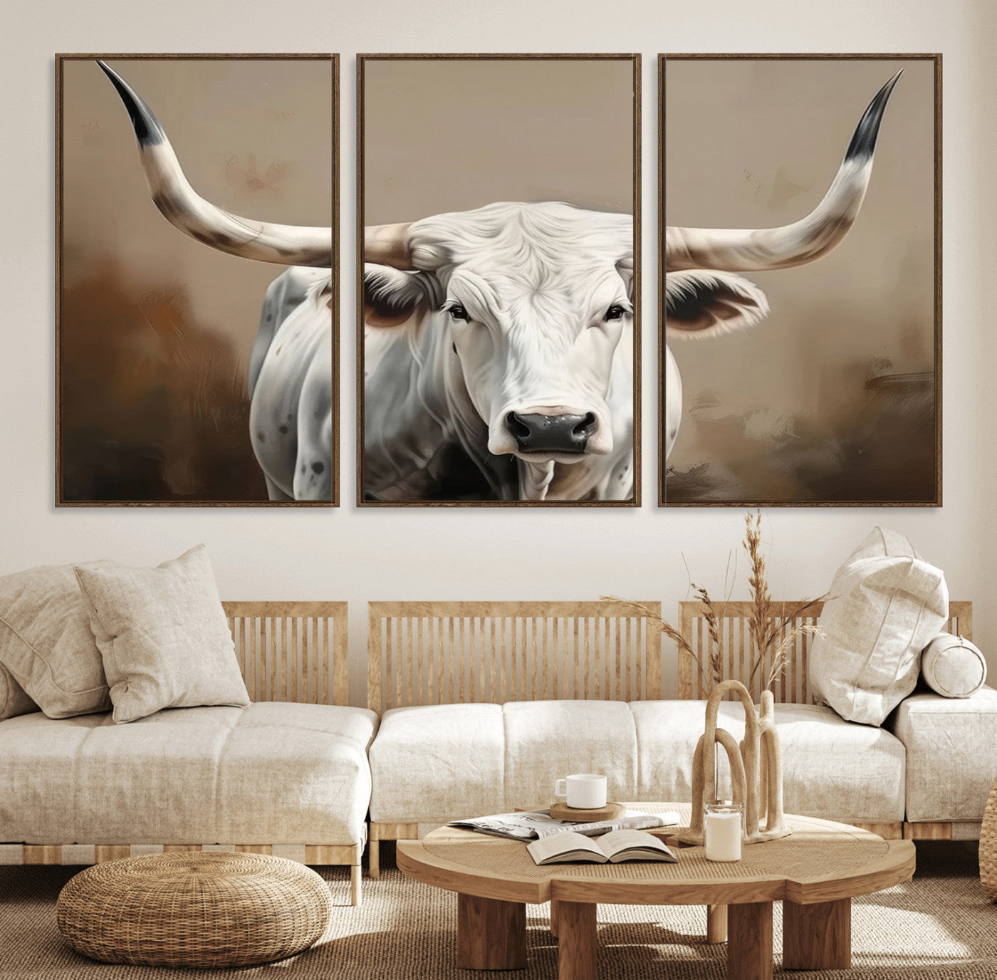 61423-MGV-FC-60X30-3P_Walnut-White Longhorn Bull Wall Art Canvas Print – Framed and Ready to Hang – Perfect for Farmhouse and