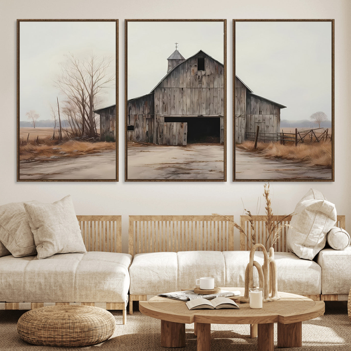 11602-MGV-FC-60X30-3P_Walnut-Farmhouse Rustic Barn Wall Art Canvas Print – Framed and Ready to Hang – Perfect Addition to