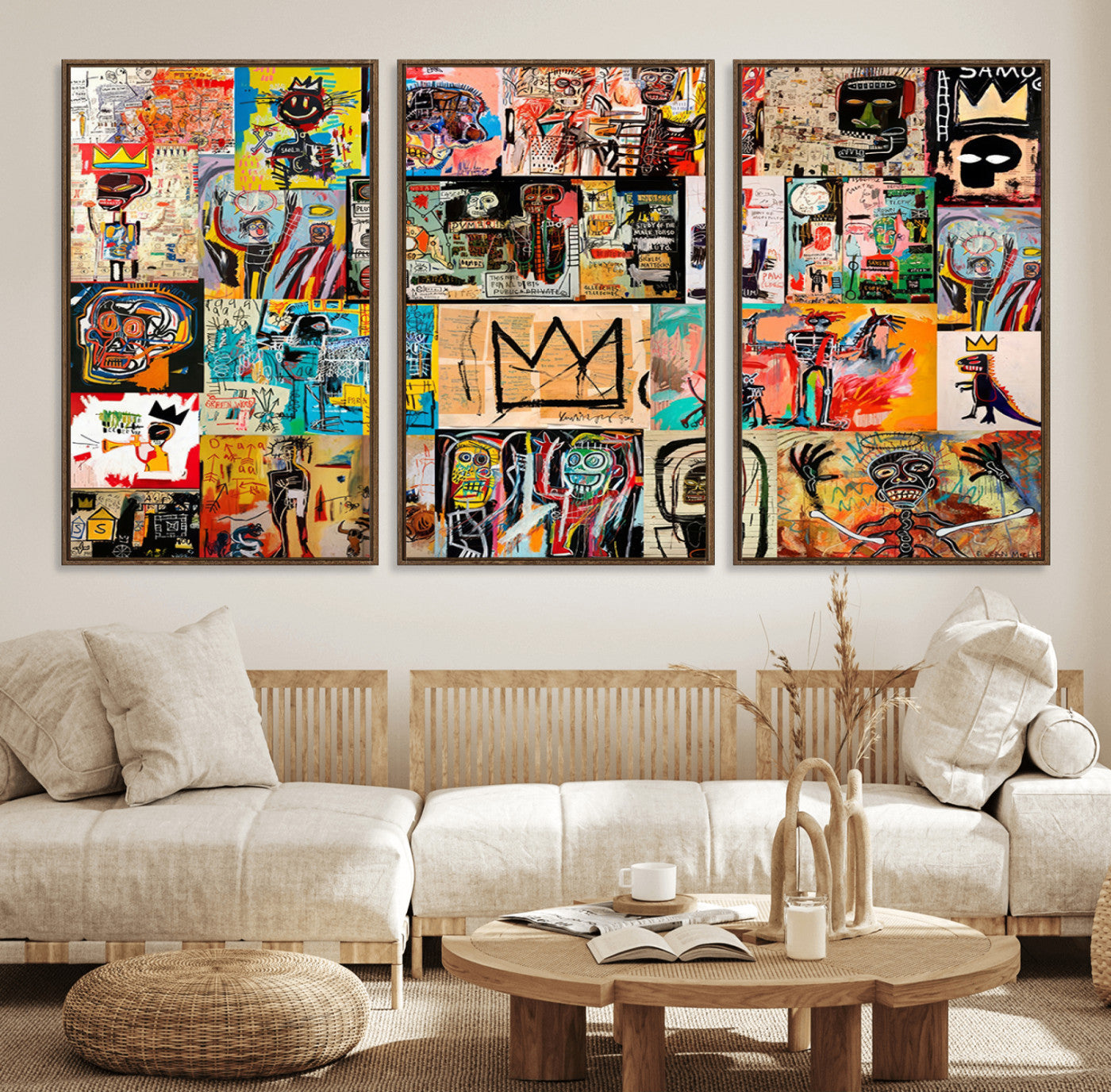 69394-MGV-FC-60X30-3P_Walnut-Abstract Art Collage Wall Art Canvas Print – Framed, Ready to Hang, Urban Graffiti Style