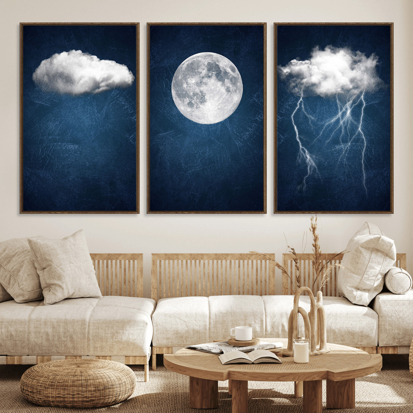 96569-MGV-FC-60X30-3P_Walnut-Dark Blue Cloud Art, 3 Piece Indigo Blue Wall Art, Aesthetic Surreal Art, Thunderstorm Moon Cloud