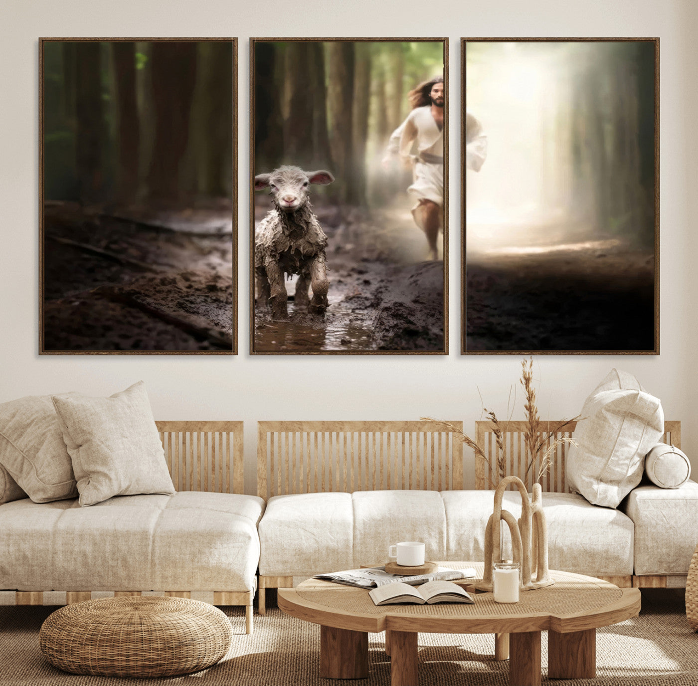 68919-MGV-FC-60X30-3P_Walnut-Jesus Canvas Wall Art - Jesus Running After Lost Lamb, Jesus, Christian Home Decor - Church Wall Art