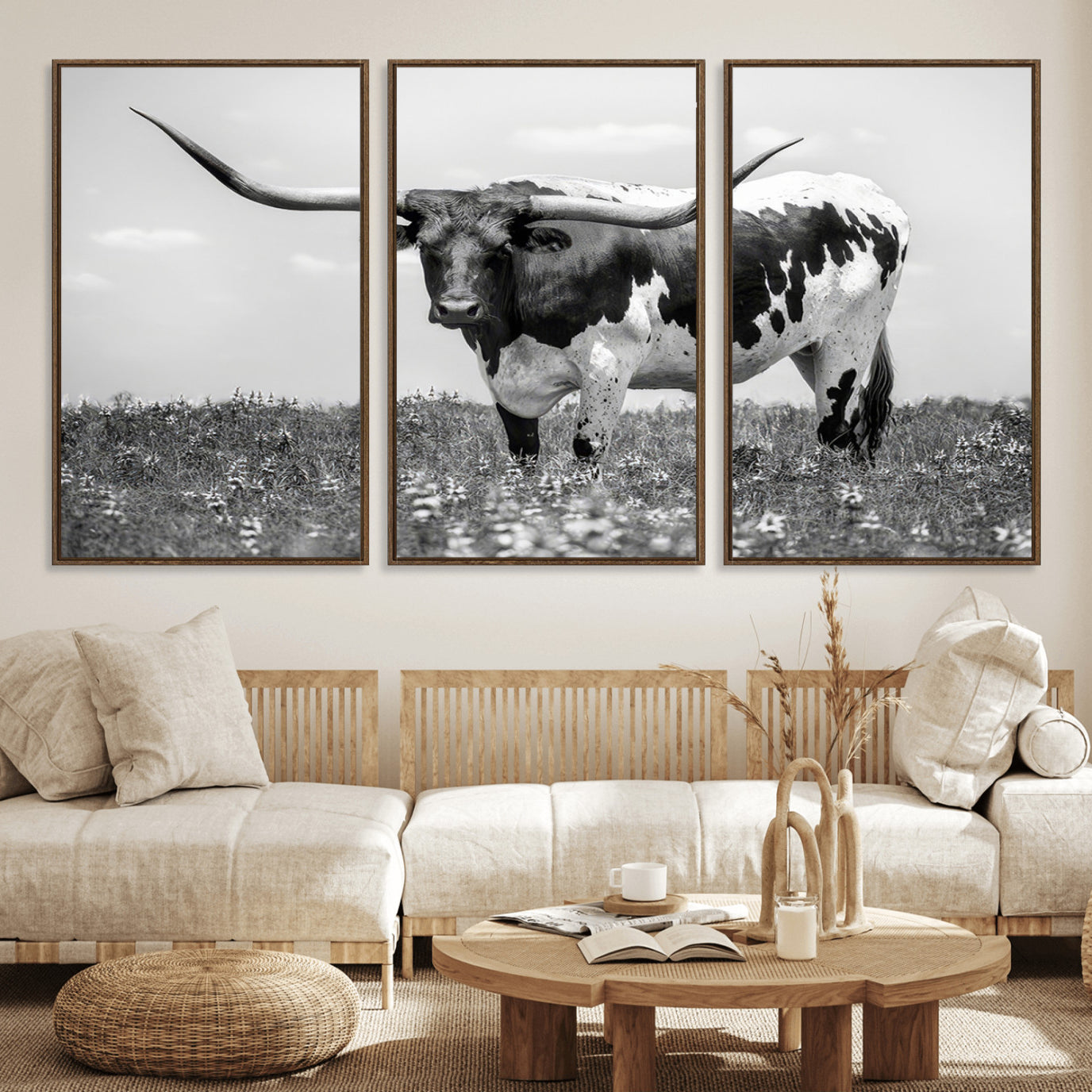 94709-MGV-FC-60X30-3P_Walnut-Texas Black White Highland Longhorn Cow Wall Art Canvas Print