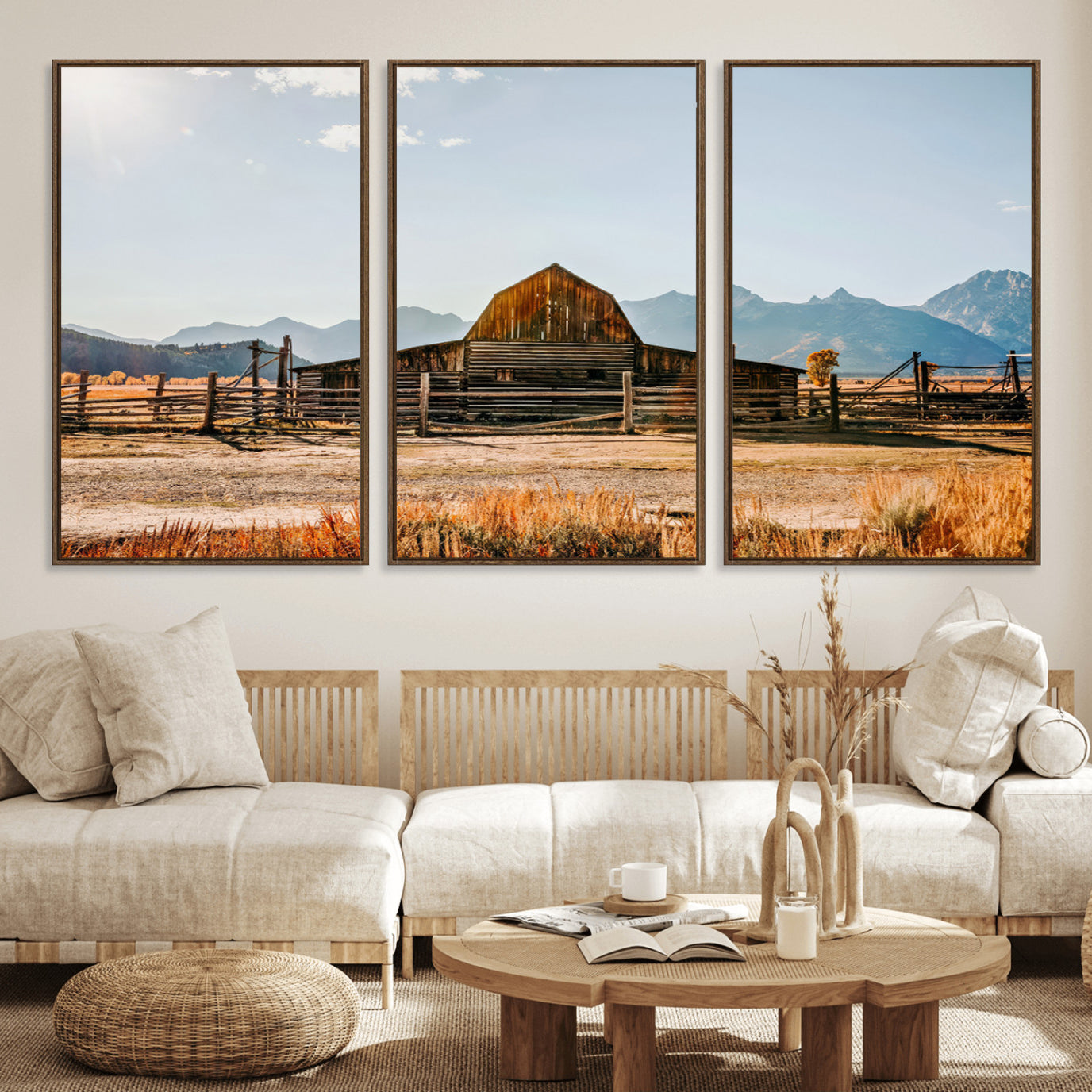 26513-MGV-FC-60X30-3P_Walnut-Vintage Old Barn Field Wall Art Canvas Print for Farmhouse Decor - Rustic Barn Wall Art Canvas Print