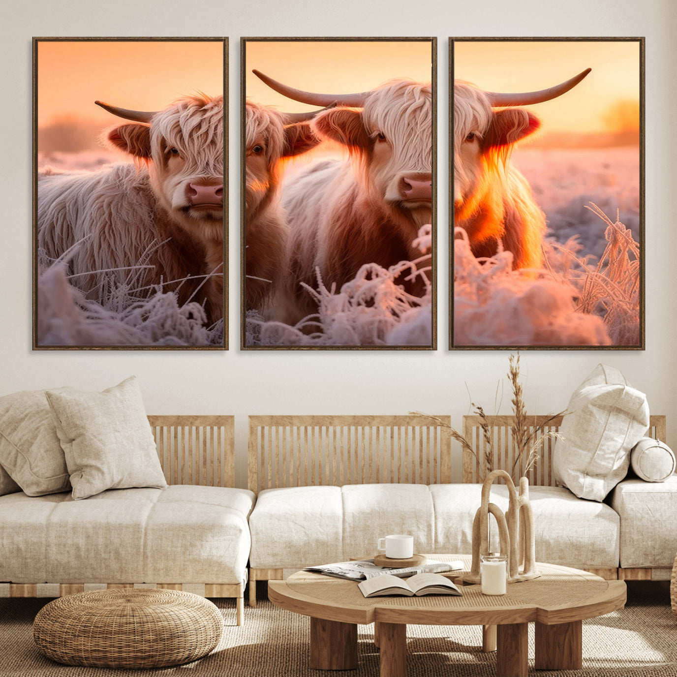 68253-MGV-FC-60X30-3P_Walnut-Highland Cows at Sunrise Wall Art Canvas Set – Serene and Rustic Farmhouse Decor