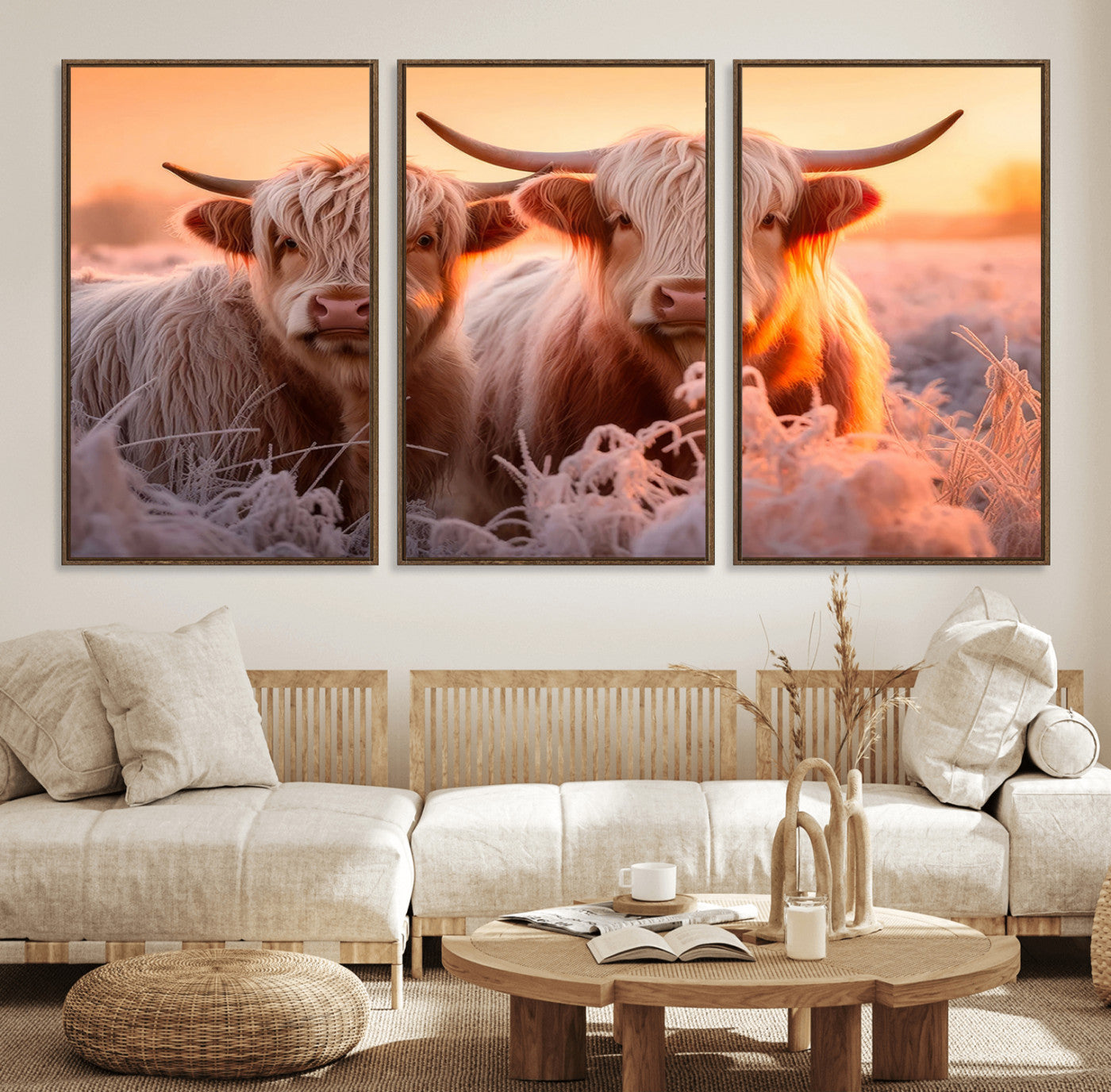68253-MGV-FC-60X30-3P_Walnut-Highland Cows at Sunrise Wall Art Canvas Set – Serene and Rustic Farmhouse Decor