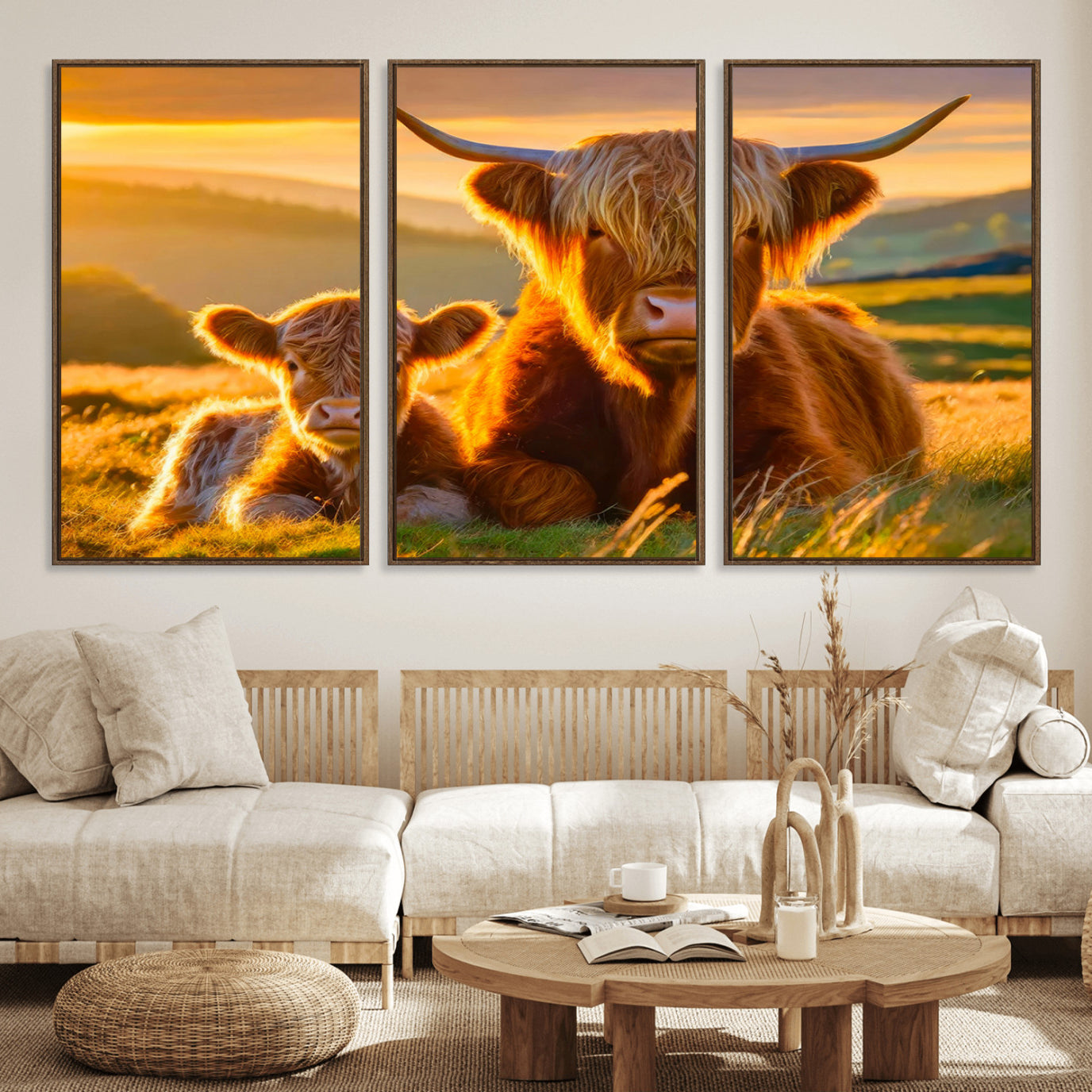 20567-MGV-FC-60X30-3P_Walnut-Scottish Cow and Baby Cow Canvas Wall Art Animal Print Fluffy Cattle Framed Farmhouse Decor