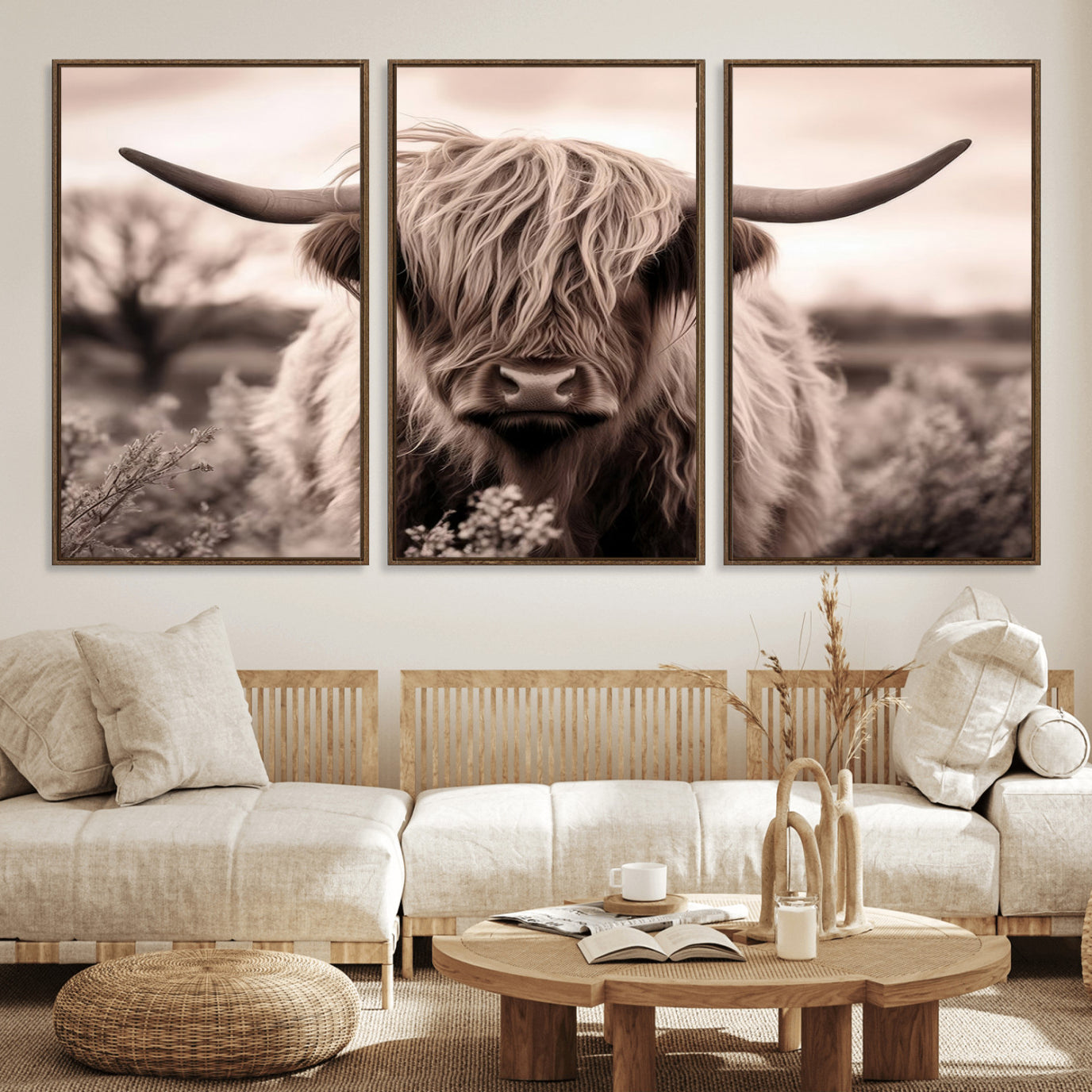 55903-MGV-FC-60X30-3P_Walnut-Scottish Cow Longhorn Wall Art Canvas Print