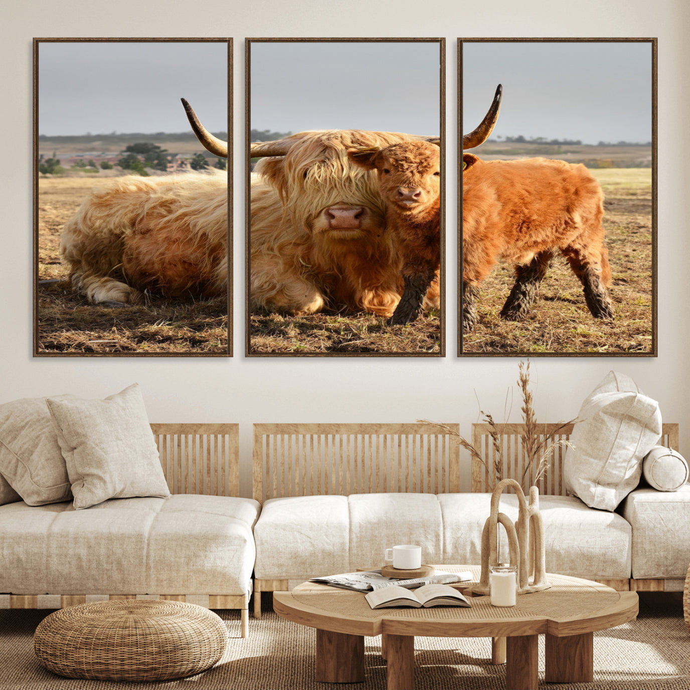 53461-MGV-FC-60X30-3P_Walnut-Highland Cow Canvas Wall Art Animal Print for Farm House Decor