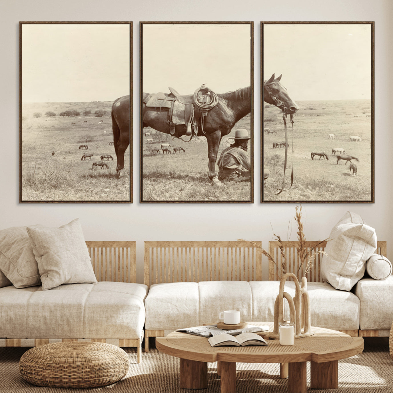 65028-MGV-FC-60X30-3P_Walnut-Cowboy Wall Art - Western Horse Canvas Print - Vintage Western Wall Art Canvas Print, Ready to Hang