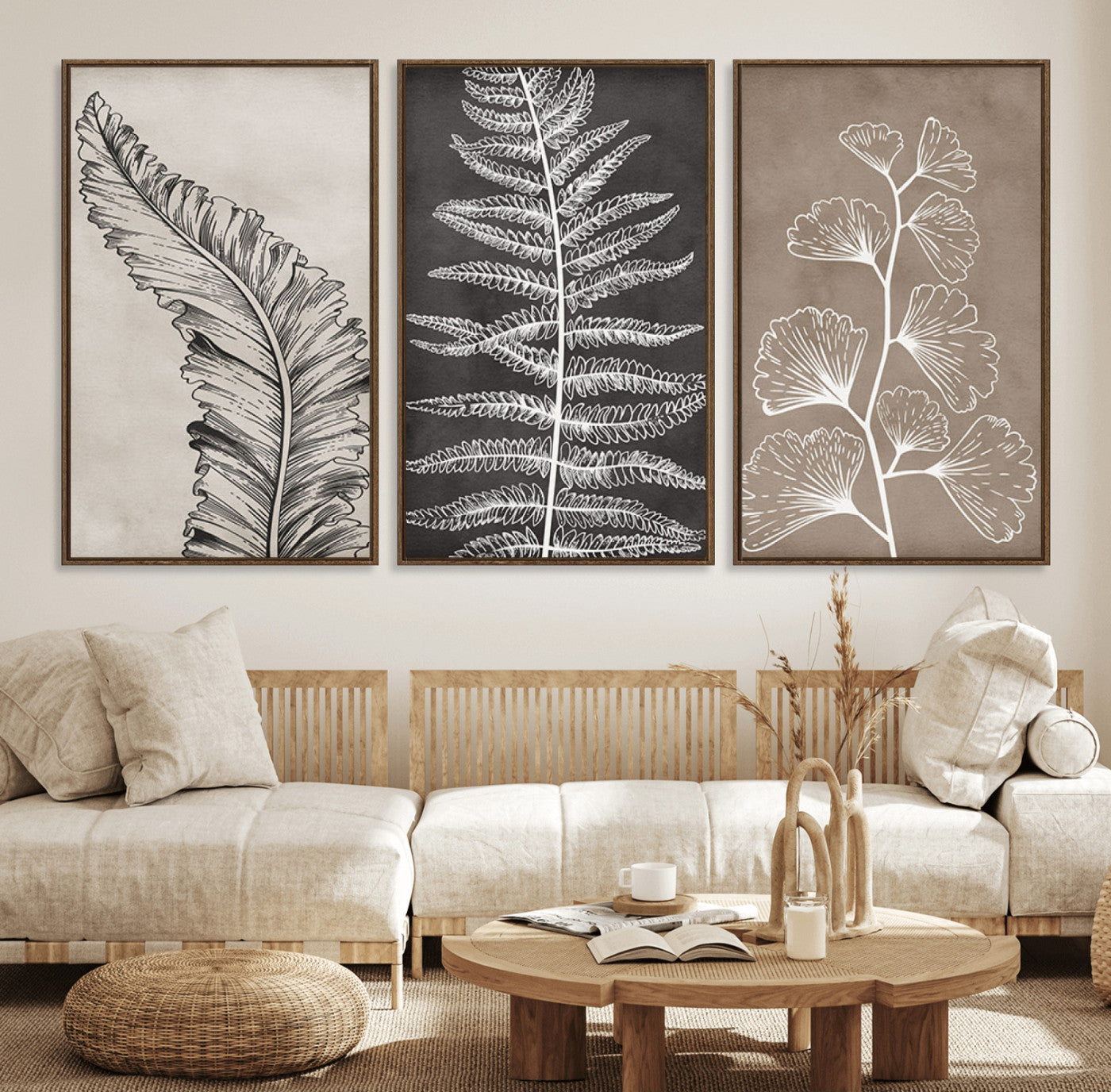 97474-MGV-FC-60X30-3P_Walnut-Minimalist Botanical Wall Art Canvas Print, Framed and Ready to Hang - Nature Art Print for Home