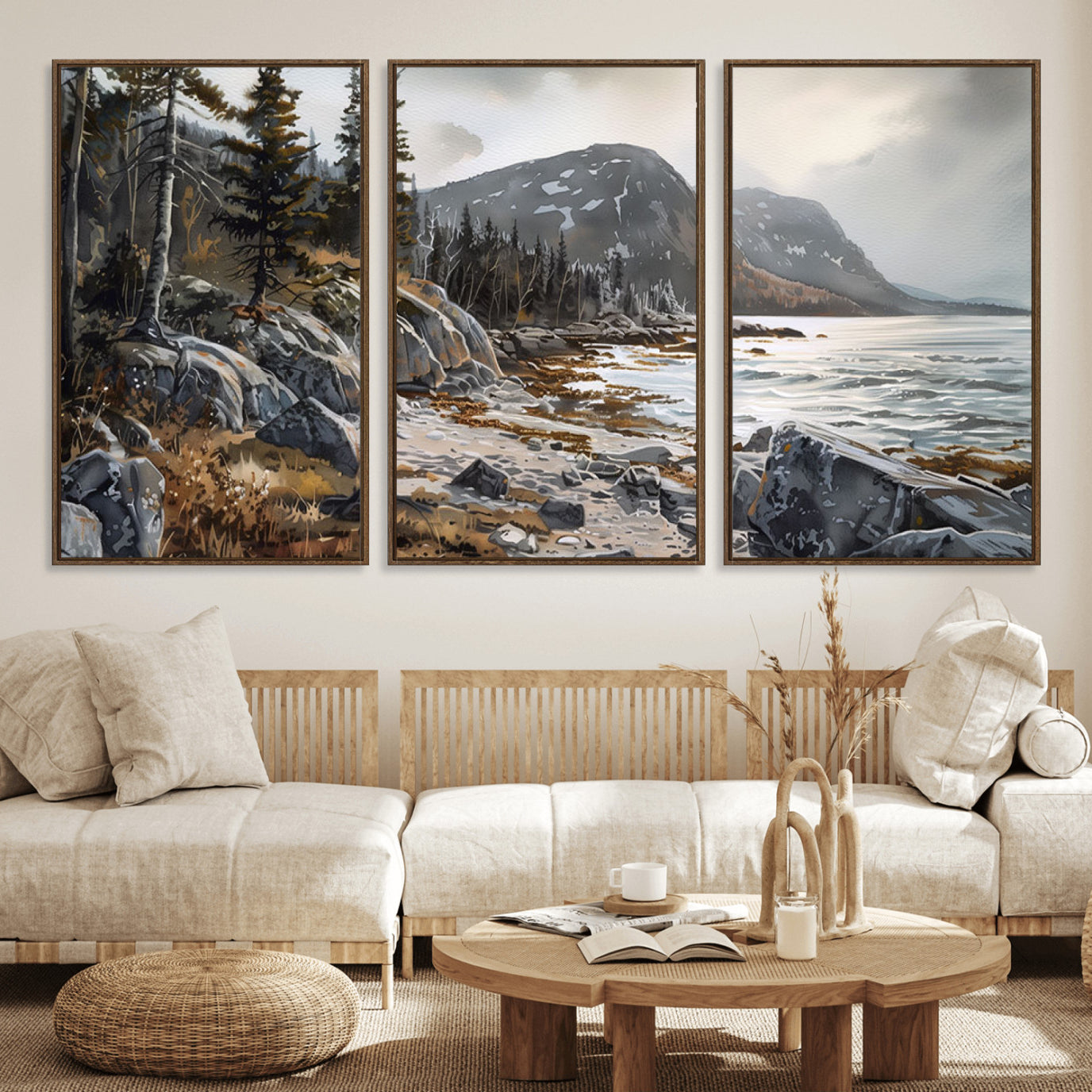 41281-MGV-FC-60X30-3P_Walnut-Serene Coastal View of Acadia National Park - Stunning 3-Panel Wall Art Canvas Print, Framed, Ready