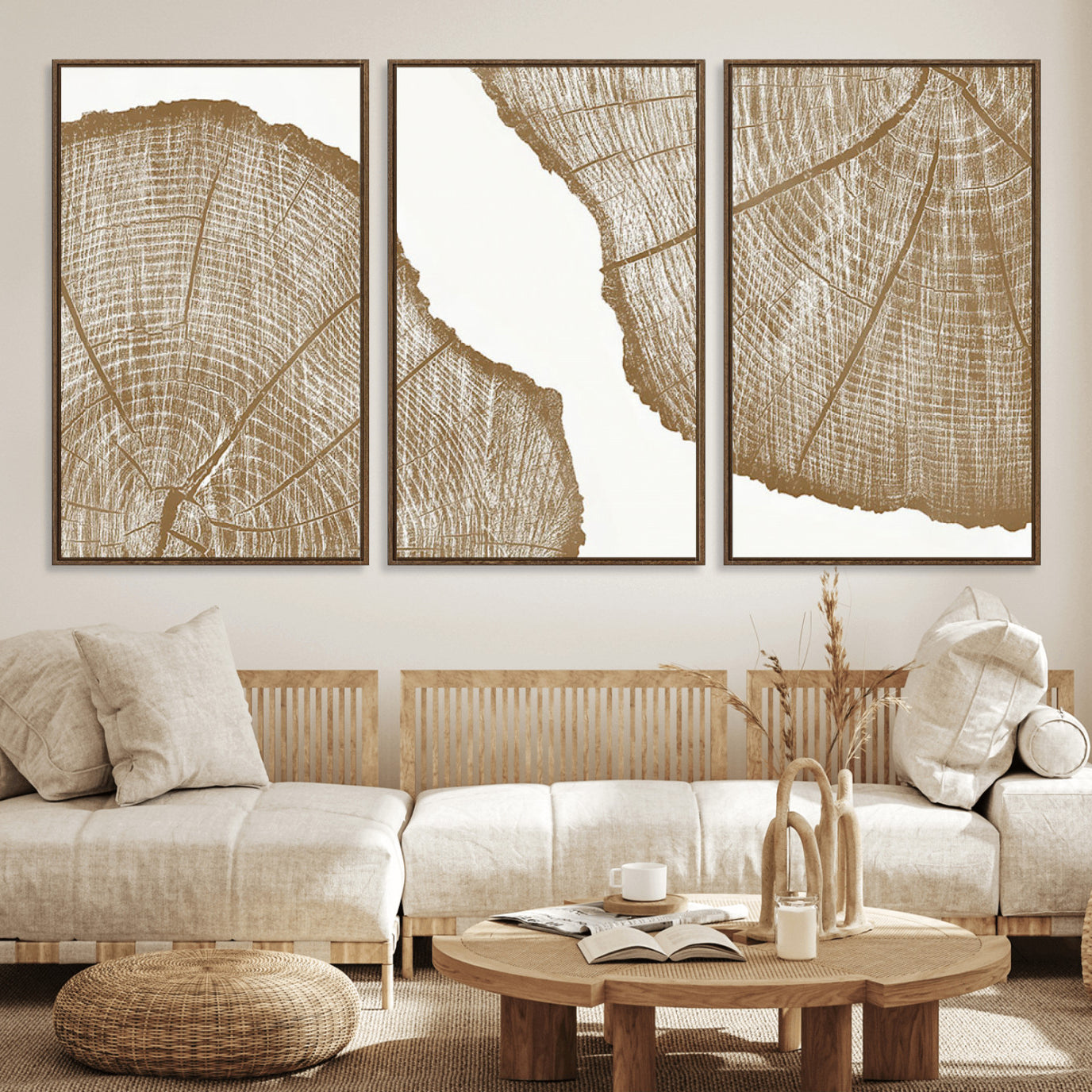 99692-MGV-FC-60X30-3P_Walnut-Rustic Brown Tree Ring Wall Art Canvas Print – Framed and Ready to Hang – Elegant Nature-Inspired