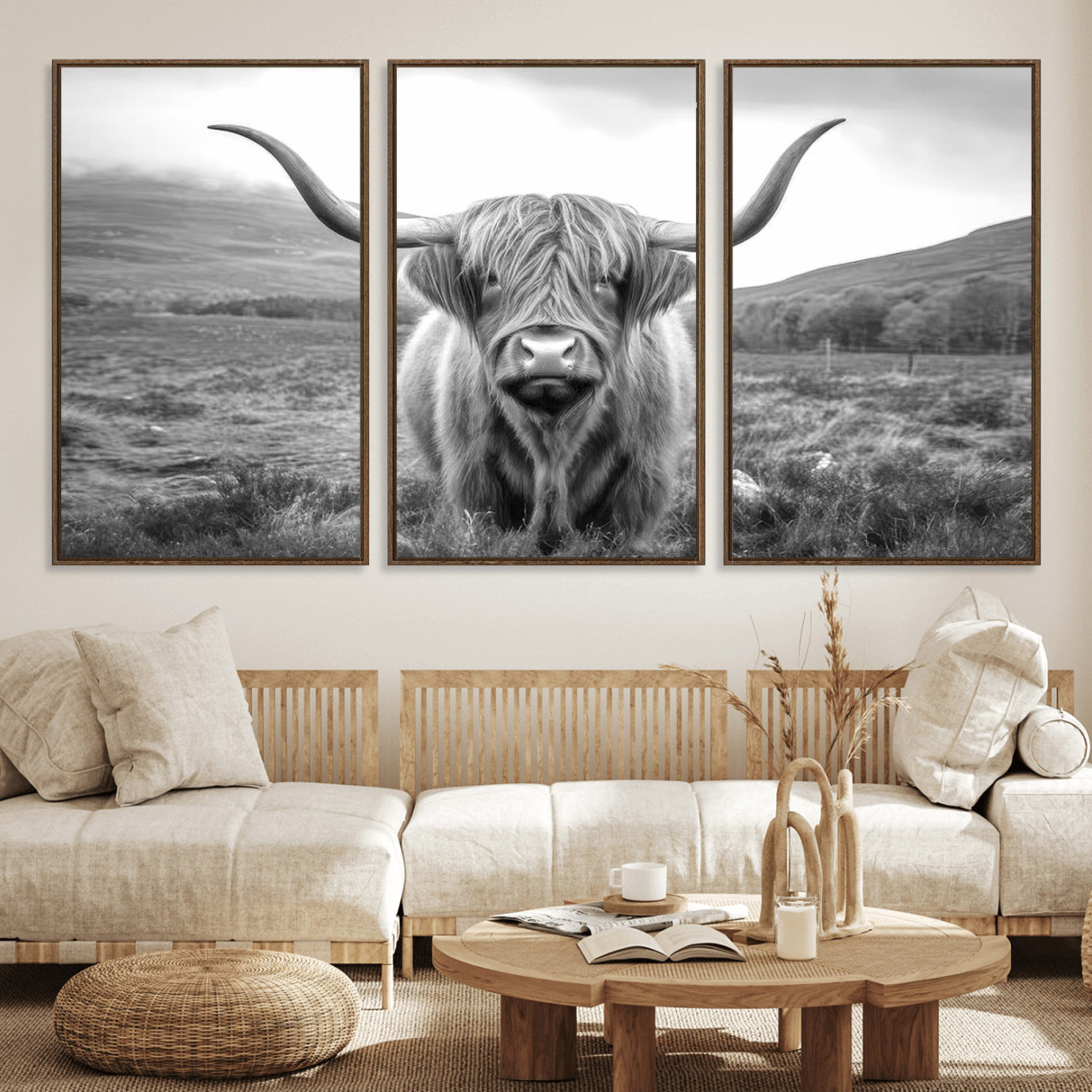 52903-MGV-FC-60X30-3P_Walnut-Black White Scottish Highland Cow Canvas Farm Wall Art Canvas Print Rustic Animal Art for Home, Office Decor